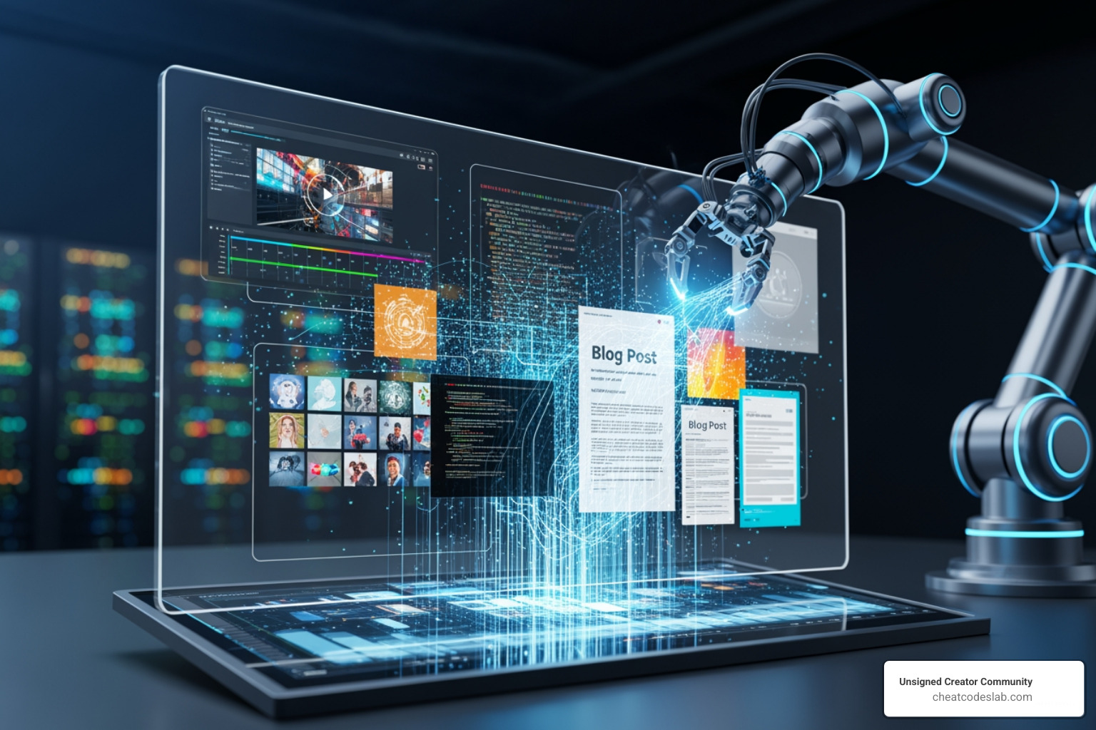 AI-powered content flowing through a digital marketing dashboard - Content creation automation
