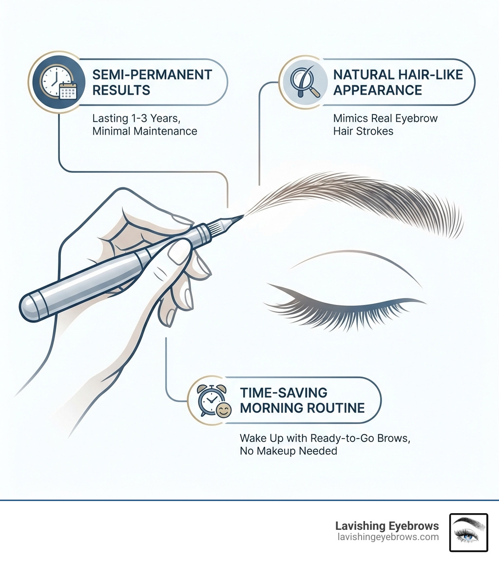 infographic showing microblading benefits: a handheld tool creating fine hair strokes in sparse eyebrow areas, with labels showing semi-permanent results lasting 1-3 years, natural hair-like appearance, and time-saving morning routine - Eyebrow microblading benefits infographic infographic showing microblading benefits: a handheld tool creating fine hair strokes in sparse eyebrow areas, with labels showing semi-permanent results lasting 1-3 years, natural hair-like appearance, and time-saving morning routine - Eyebrow microblading benefits infographic