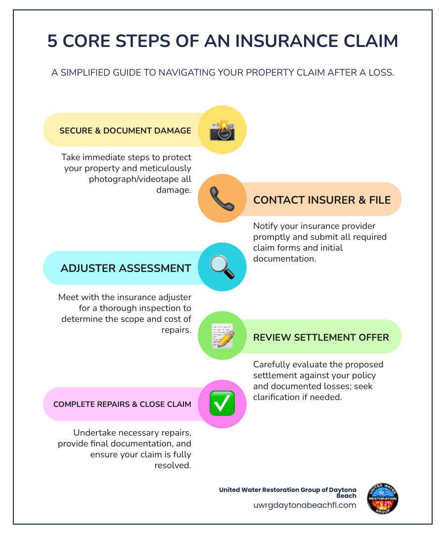 infographic showing the 5 core steps of insurance claims: 1. Secure property and document damage, 2. Contact insurer and file claim, 3. Meet with adjuster for assessment, 4. Review settlement offer, 5. Complete repairs and close claim - Insurance claim support infographic infographic-line-5-steps-colors infographic showing the 5 core steps of insurance claims: 1. Secure property and document damage, 2. Contact insurer and file claim, 3. Meet with adjuster for assessment, 4. Review settlement offer, 5. Complete repairs and close claim - Insurance claim support infographic infographic-line-5-steps-colors