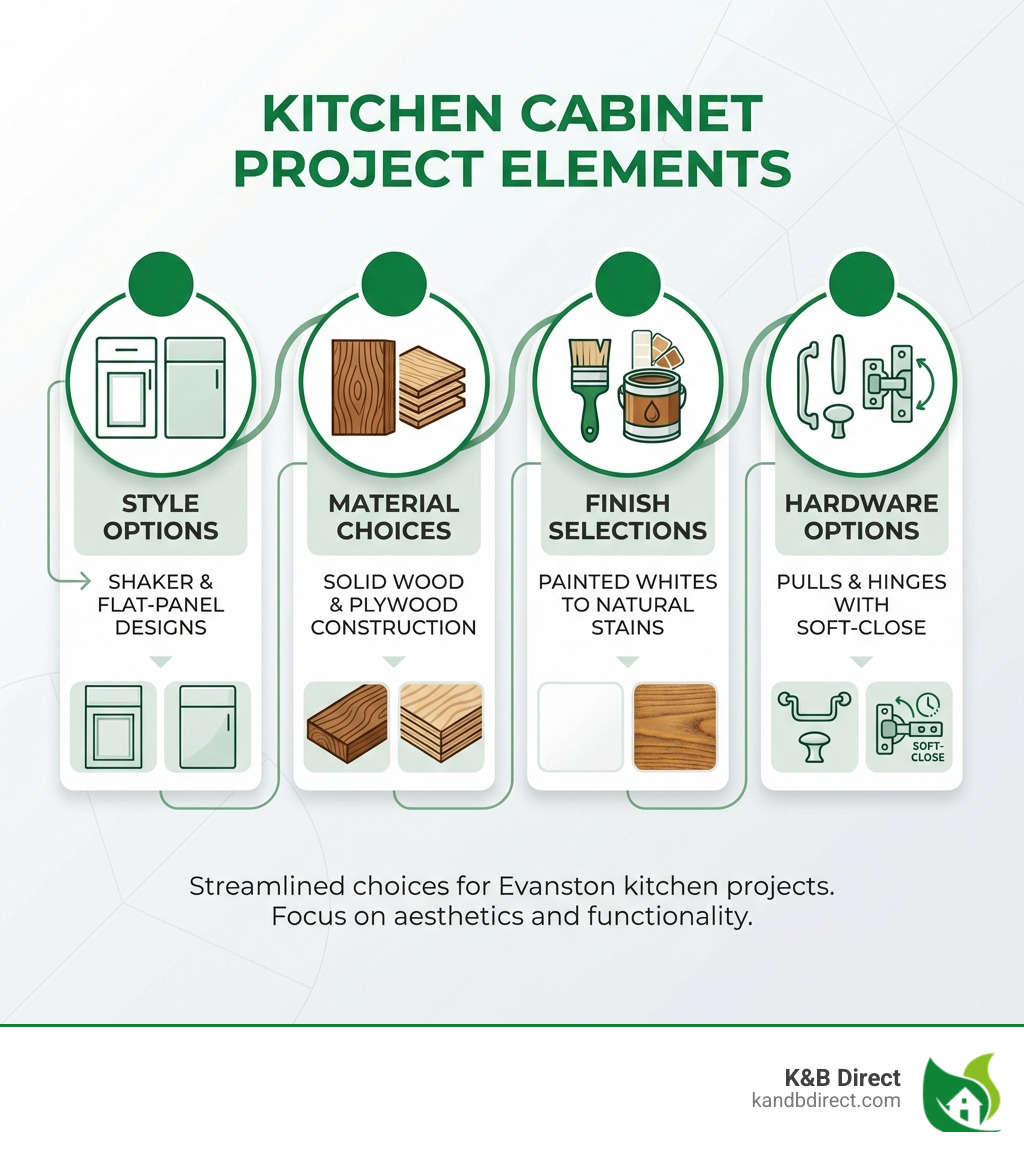 infographic showing kitchen cabinet project elements: Style options including Shaker and flat-panel designs, Material choices like solid wood and plywood construction, Finish selections from painted whites to natural stains, and Hardware options including pulls and hinges with soft-close features - Kitchen cabinets Evanston IL infographic 