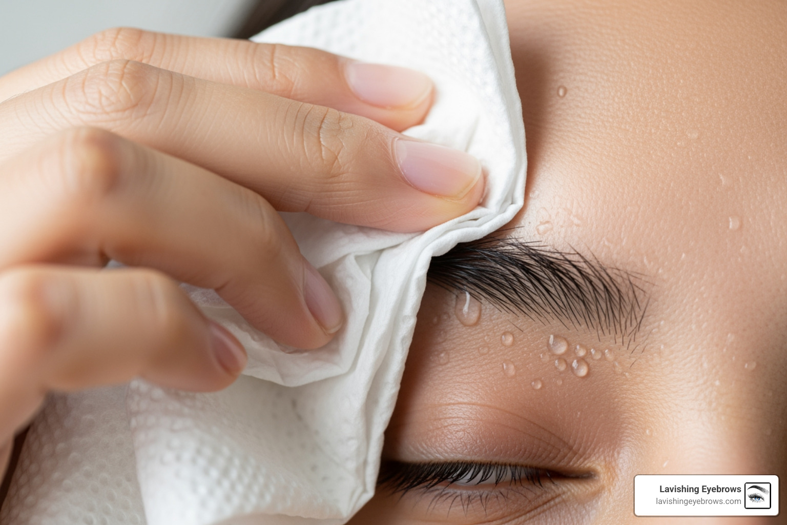 person gently patting their eyebrows dry with a clean paper towel - microblading aftercare process