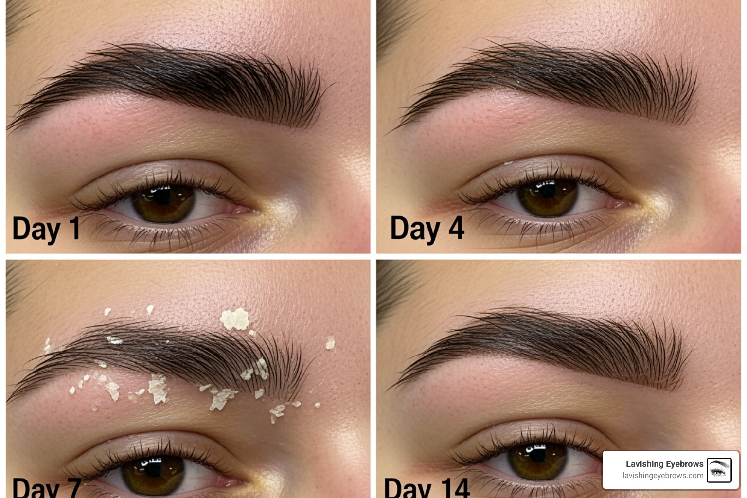 collage showing the different stages of eyebrow healing; Day 1, Day 4, Day 7, Day 14 - microblading aftercare process