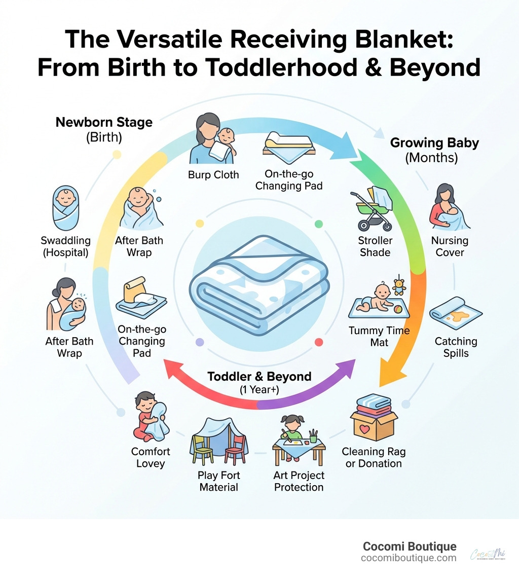 Infographic showing the versatile uses of receiving blankets from birth through toddlerhood: swaddling newborns in hospital, wrapping after baths, using as burp cloths during feeding, creating clean surfaces for diaper changes on-the-go, providing shade on stroller rides, serving as nursing covers, laying down for tummy time, catching spit-up messes, acting as comfort loveys for older babies, transforming into play fort materials for toddlers, protecting surfaces during art projects, and being repurposed as cleaning rags or donated to animal shelters - receiving blanket infographic 