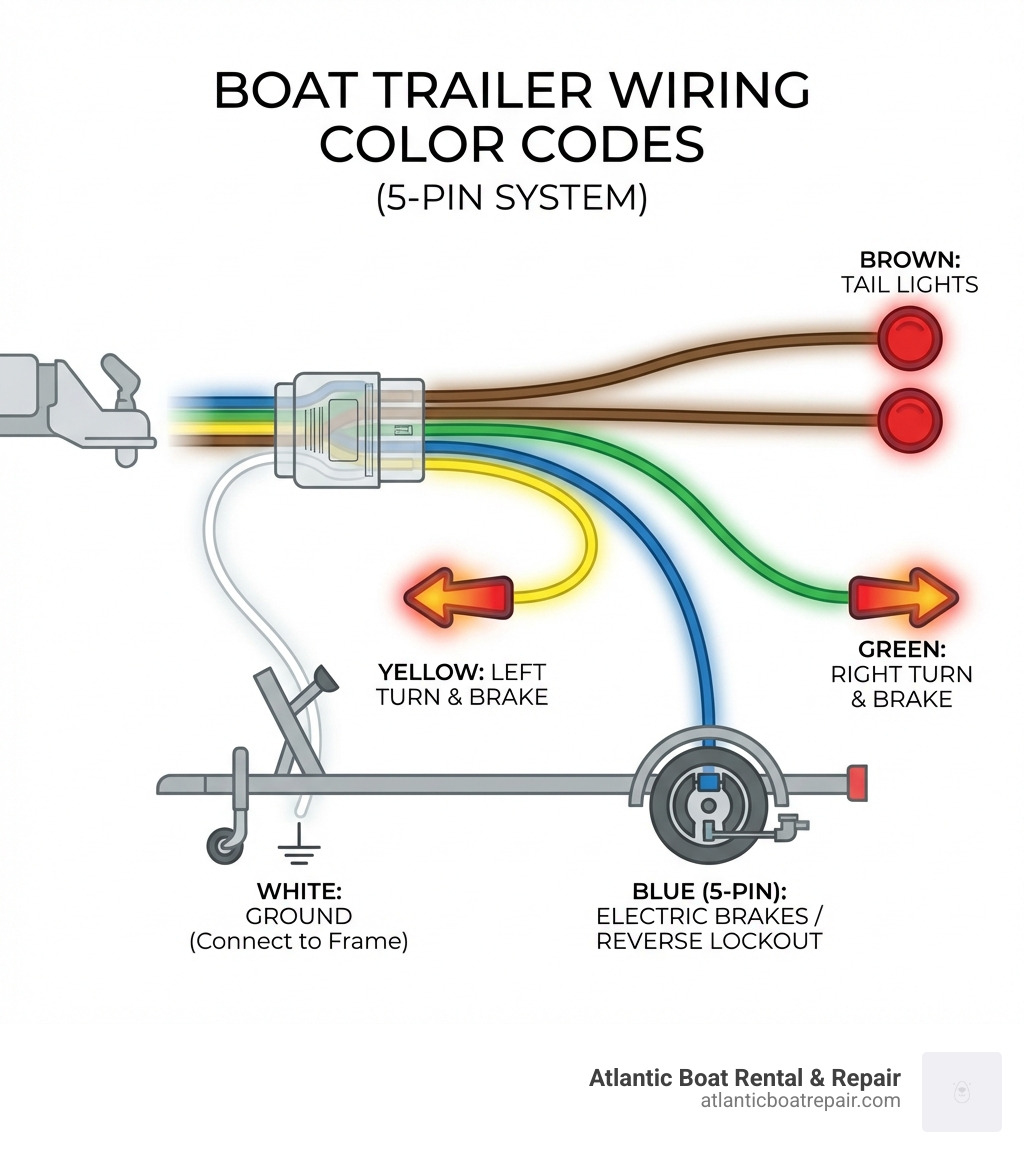 Infographic showing standard boat trailer wiring color codes: White wire connecting to trailer frame for ground, Brown wire running to tail lights, Yellow wire to left turn and brake light, Green wire to right turn and brake light, and Blue wire (on 5-pin systems) connecting to electric brakes or surge brake reverse lockout - boat trailer wiring infographic 