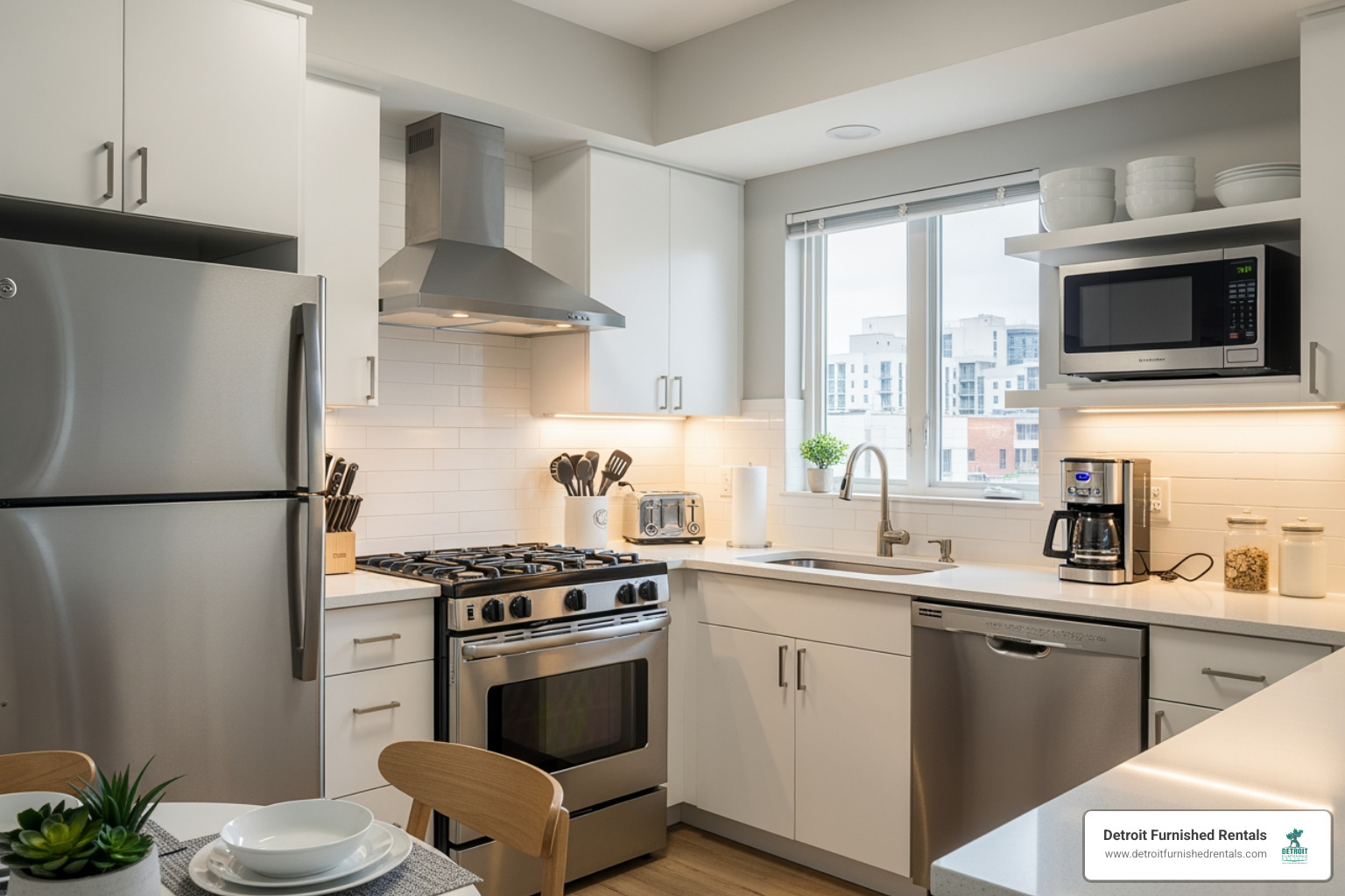 Modern, fully equipped kitchen in a furnished apartment rental - Patient family housing