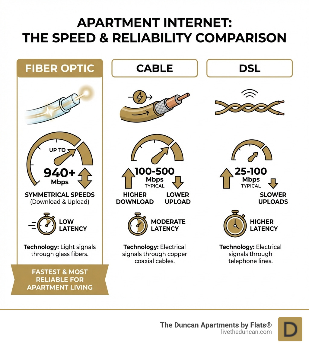 Infographic comparing fiber optic internet (up to 940+ Mbps, symmetrical speeds, low latency, uses light signals through glass fibers), cable internet (100-500 Mbps typical, higher download than upload, moderate latency, uses copper coaxial cables), and DSL internet (25-100 Mbps typical, slower uploads, higher latency, uses telephone lines). Fiber shown as fastest and most reliable for apartment living. - apartments with high speed internet infographic Infographic comparing fiber optic internet (up to 940+ Mbps, symmetrical speeds, low latency, uses light signals through glass fibers), cable internet (100-500 Mbps typical, higher download than upload, moderate latency, uses copper coaxial cables), and DSL internet (25-100 Mbps typical, slower uploads, higher latency, uses telephone lines). Fiber shown as fastest and most reliable for apartment living. - apartments with high speed internet infographic