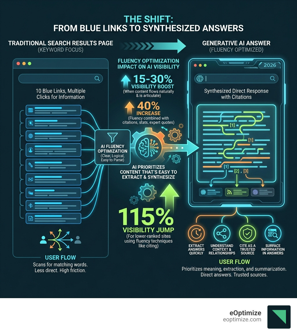 Infographic comparing traditional search results page showing 10 blue links versus a generative AI answer showing a synthesized response with citations - how does fluency optimization impact ai search visibility infographic 