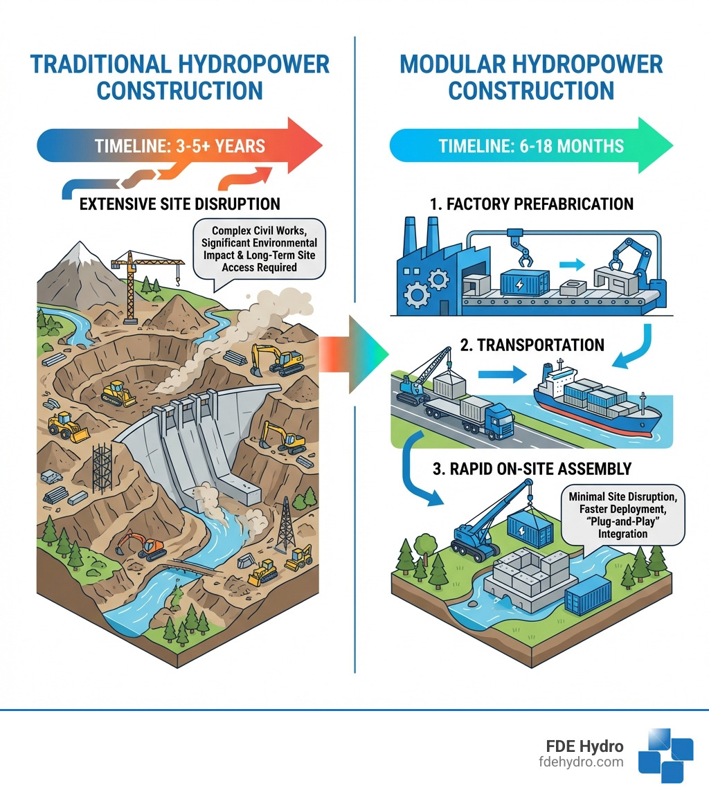 Infographic comparing traditional hydropower construction timeline of 3-5+ years with extensive site disruption versus modular hydropower construction timeline of 6-18 months with minimal site disruption, showing factory prefabrication, transportation, and rapid on-site assembly phases - hydro power modules infographic Infographic comparing traditional hydropower construction timeline of 3-5+ years with extensive site disruption versus modular hydropower construction timeline of 6-18 months with minimal site disruption, showing factory prefabrication, transportation, and rapid on-site assembly phases - hydro power modules infographic