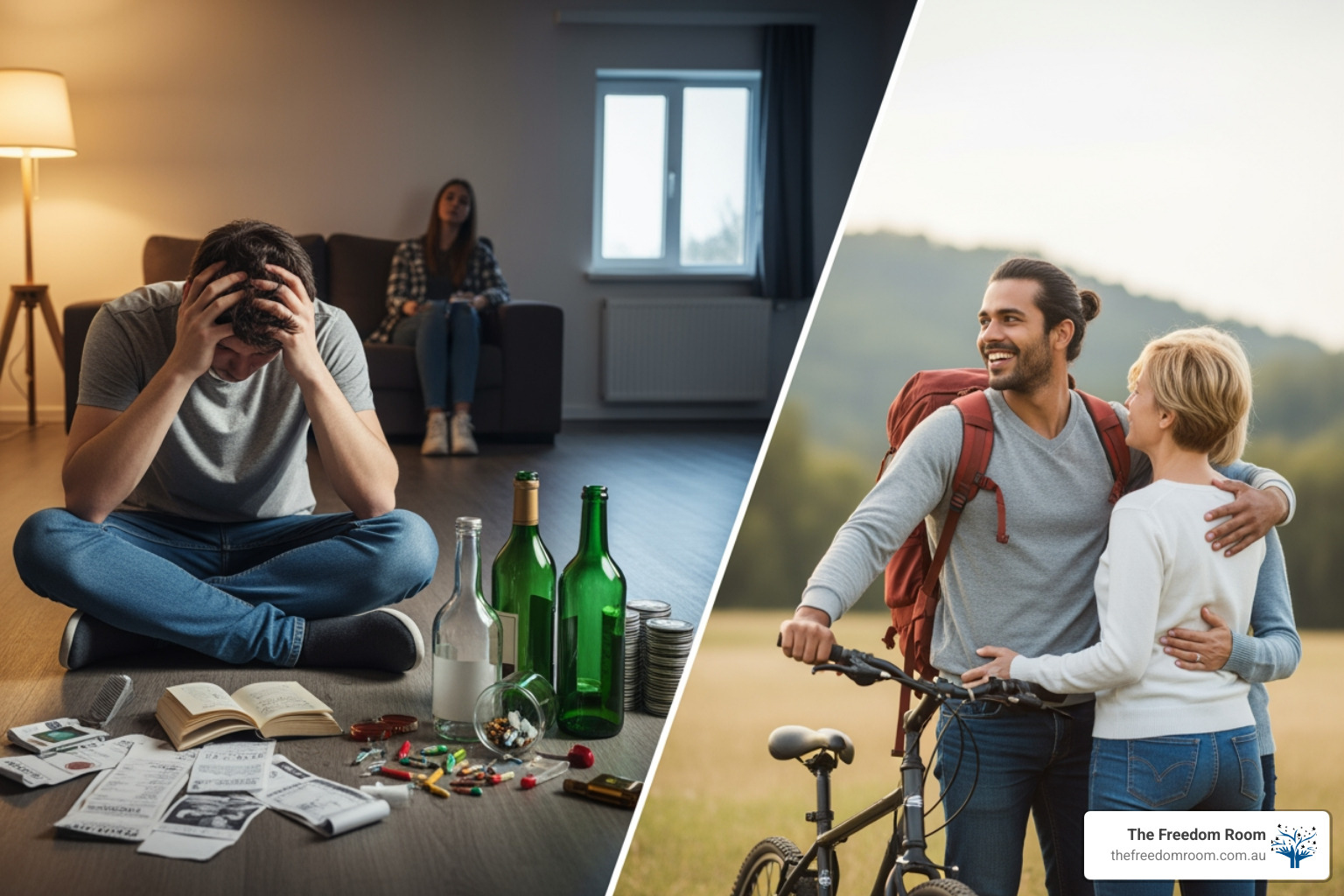 split screen, one side depicting the negative financial and social consequences of addiction, the other showing a positive, healthy life in recovery - addiction treatment costs