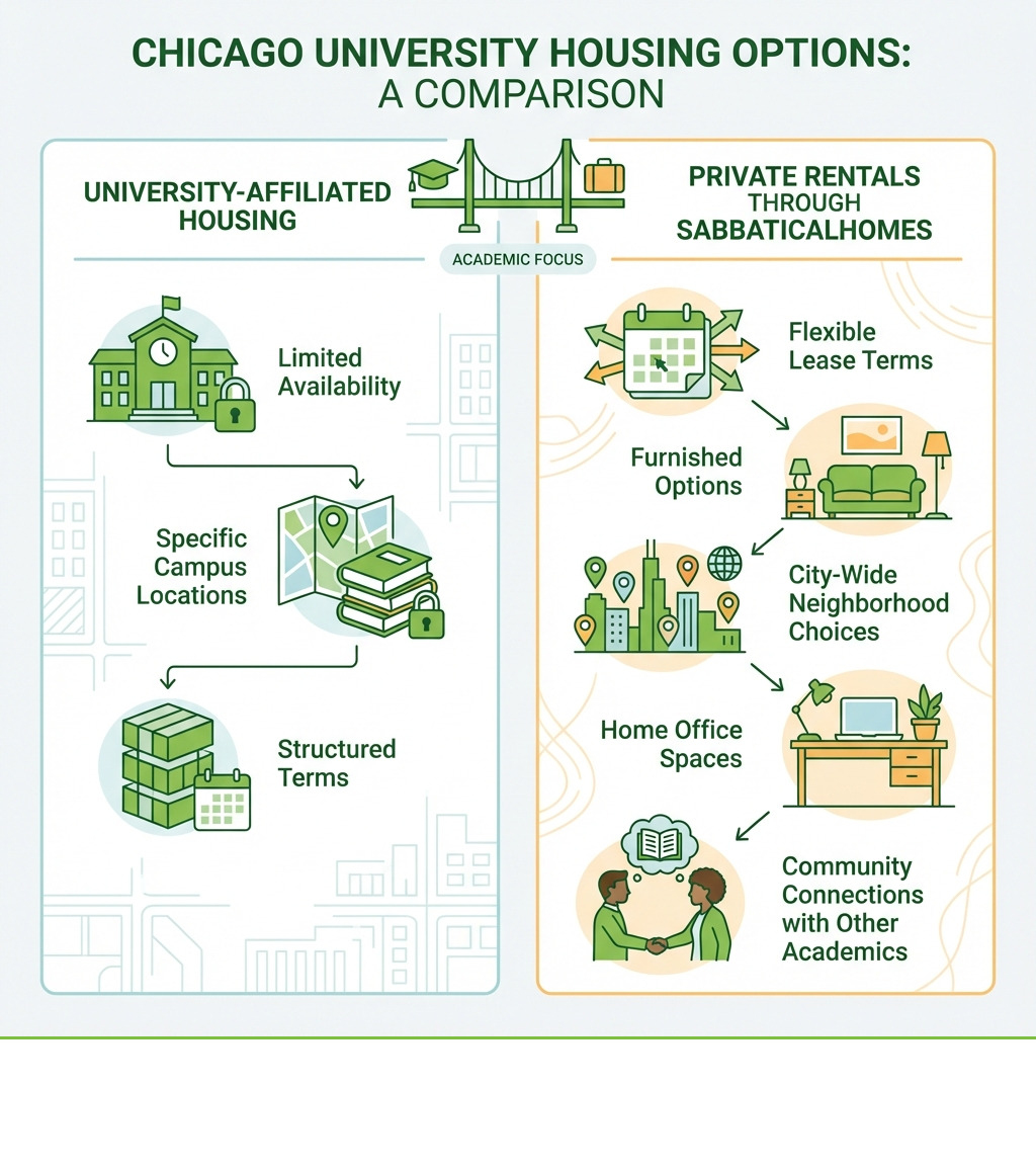 Infographic comparing Chicago university housing options: University-affiliated housing shows limited availability, specific campus locations, and structured terms; Private rentals through SabbaticalHomes show flexible lease terms, furnished options, city-wide neighborhood choices, home office spaces, and community connections with other academics - Chicago university housing infographic 