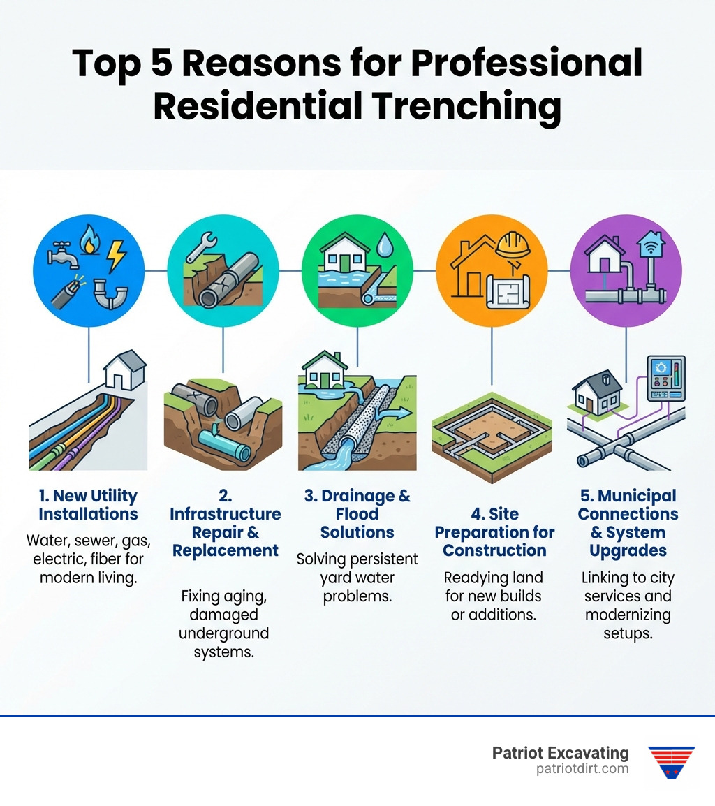 Infographic showing the top 5 reasons homeowners need professional residential trenching services: 1) Installing new utility lines (water, sewer, gas, electric, fiber) 2) Repairing or replacing aging underground infrastructure 3) Solving persistent drainage and flooding problems 4) Preparing sites for new construction or additions 5) Connecting homes to municipal services or upgrading systems - residential trenching services near me infographic Infographic showing the top 5 reasons homeowners need professional residential trenching services: 1) Installing new utility lines (water, sewer, gas, electric, fiber) 2) Repairing or replacing aging underground infrastructure 3) Solving persistent drainage and flooding problems 4) Preparing sites for new construction or additions 5) Connecting homes to municipal services or upgrading systems - residential trenching services near me infographic