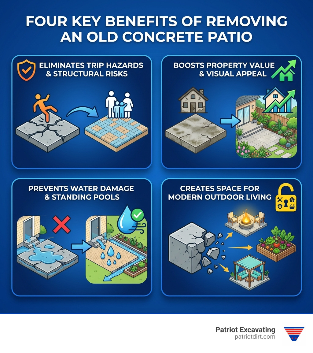 infographic depicting four key benefits of removing an old concrete patio - remove concrete patio infographic infographic depicting four key benefits of removing an old concrete patio - remove concrete patio infographic