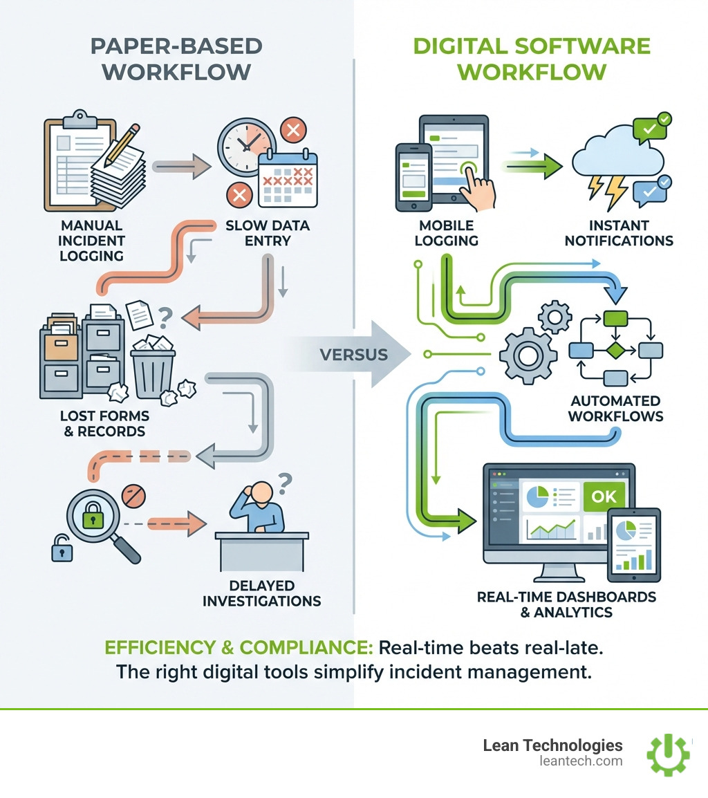 Infographic comparing paper-based injury reporting workflow with slow data entry, lost forms, and delayed investigations versus digital injury reporting software with mobile logging, instant notifications, automated workflows, and real-time dashboards - injury reporting software infographic 