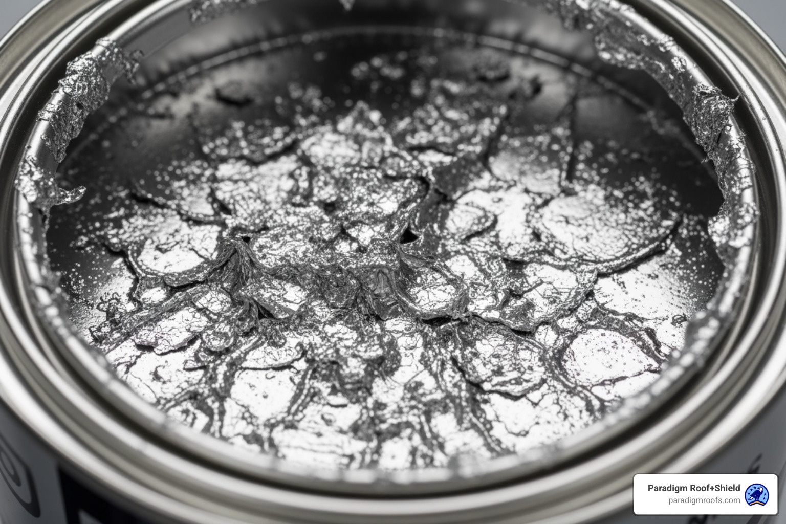 Close-up image of aluminium roof paint in a can, showing the metallic flake consistency - aluminium roof paint Close-up image of aluminium roof paint in a can, showing the metallic flake consistency - aluminium roof paint