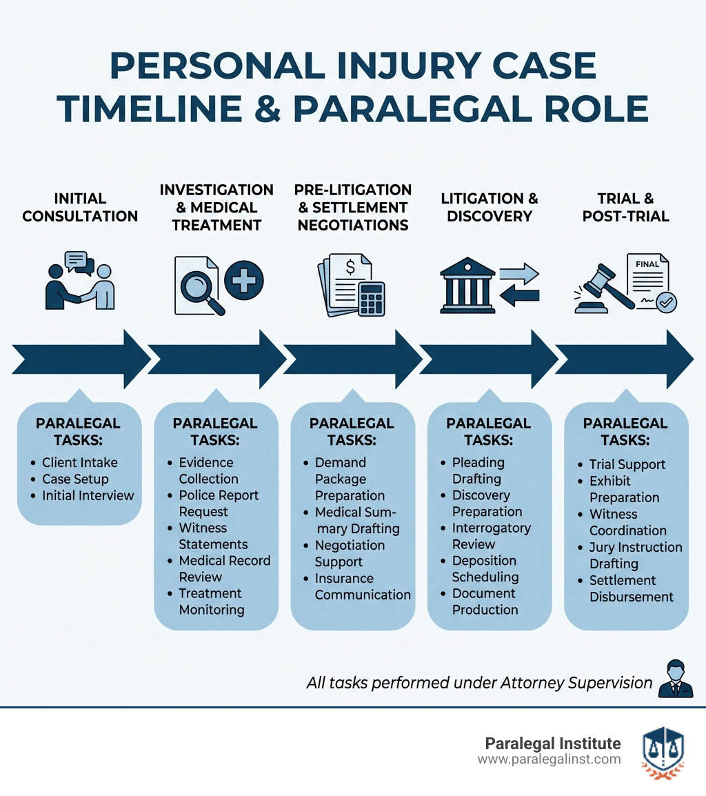 infographic showing the personal injury case timeline from initial consultation through settlement or trial, with specific paralegal tasks labeled at each stage including client intake, evidence collection, medical record review, discovery preparation, and trial support - can a paralegal do personal injury infographic 