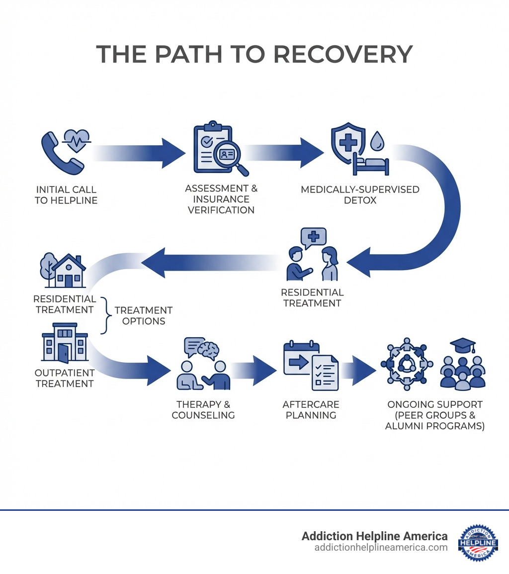 infographic showing the path to recovery: initial call to helpline, assessment and insurance verification, medically-supervised detox, residential or outpatient treatment, therapy and counseling, aftercare planning, ongoing support through peer groups and alumni programs - Addiction help near me infographic 