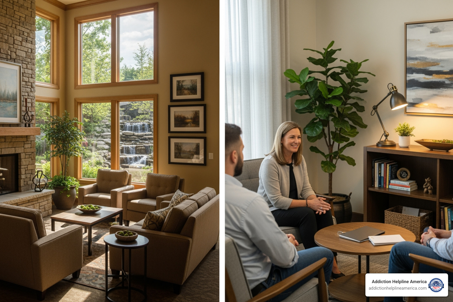 image of different treatment settings from a serene residential facility to a comfortable outpatient counseling office - Addiction help near me