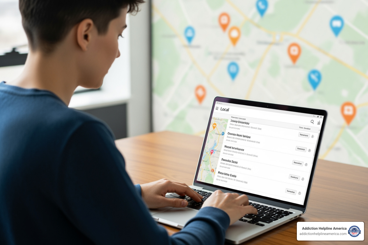 person using laptop to search for help with a map in the background - Addiction help near me