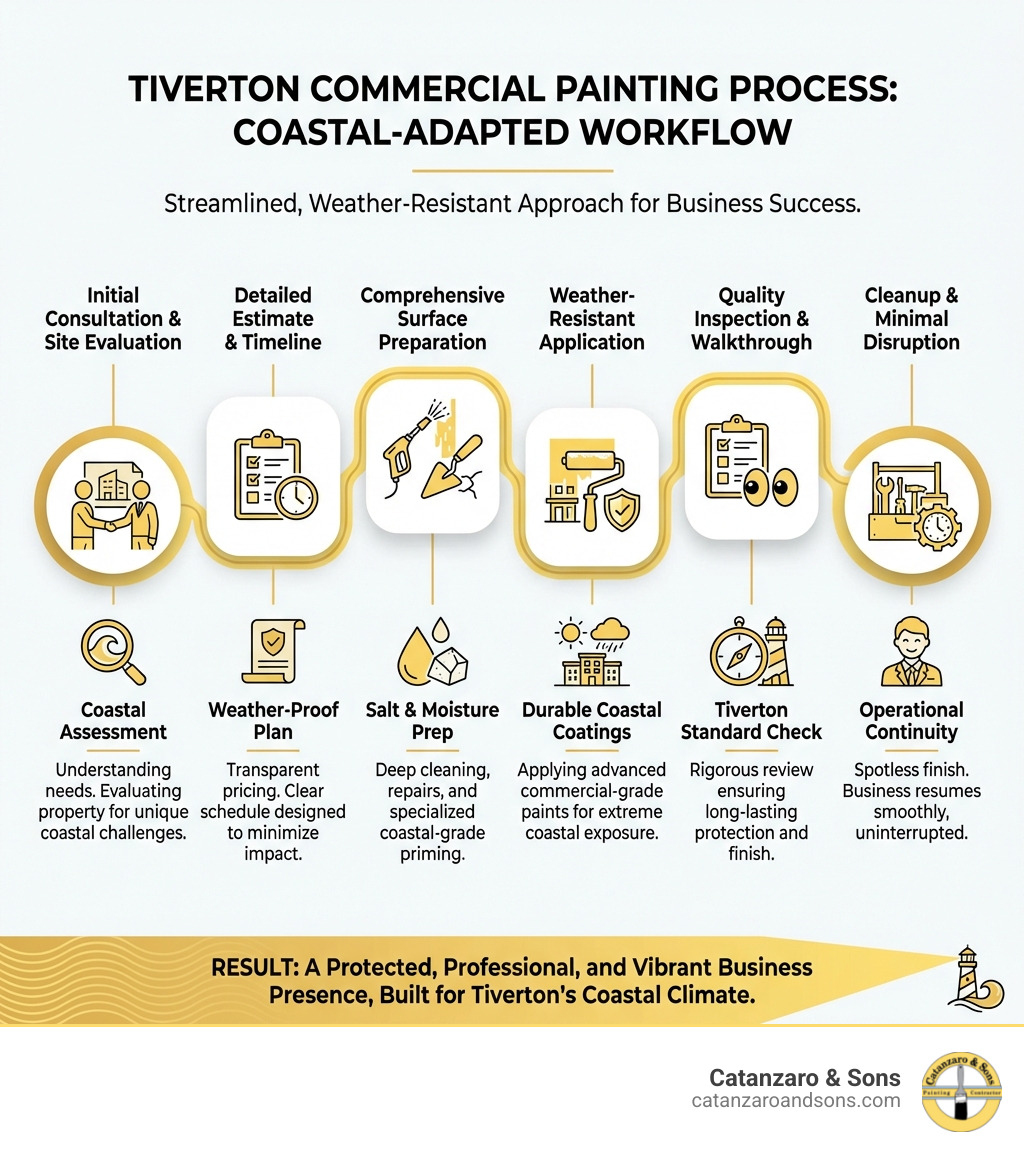 Infographic showing the complete commercial painting process: initial consultation and site evaluation, detailed written estimate with timeline, comprehensive surface preparation including power washing and repairs, application of weather-resistant commercial-grade paints, quality inspection and final walkthrough, cleanup and minimal business disruption, with emphasis on Tiverton's coastal climate considerations - commercial painting Tiverton RI infographic Infographic showing the complete commercial painting process: initial consultation and site evaluation, detailed written estimate with timeline, comprehensive surface preparation including power washing and repairs, application of weather-resistant commercial-grade paints, quality inspection and final walkthrough, cleanup and minimal business disruption, with emphasis on Tiverton's coastal climate considerations - commercial painting Tiverton RI infographic