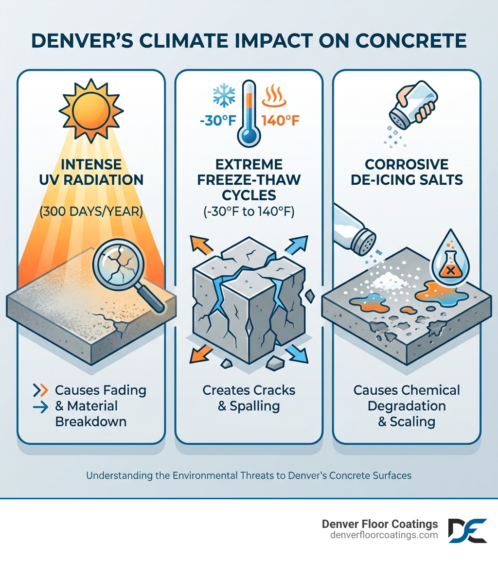 Infographic showing Denver's climate impact on concrete including 300 days of intense UV radiation causing fading and material breakdown, freeze-thaw cycles from -30°F to 140°F creating cracks and spalling, and de-icing salts causing chemical degradation and scaling - outdoor floor treatment in denver infographic 