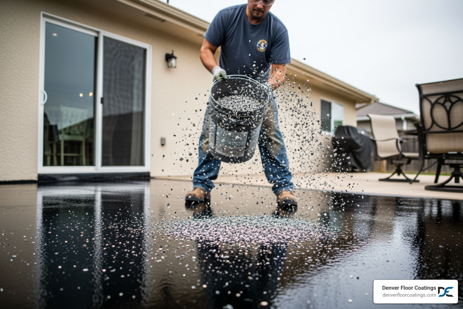 professional applying flake broadcast to floor - outdoor floor treatment in denver