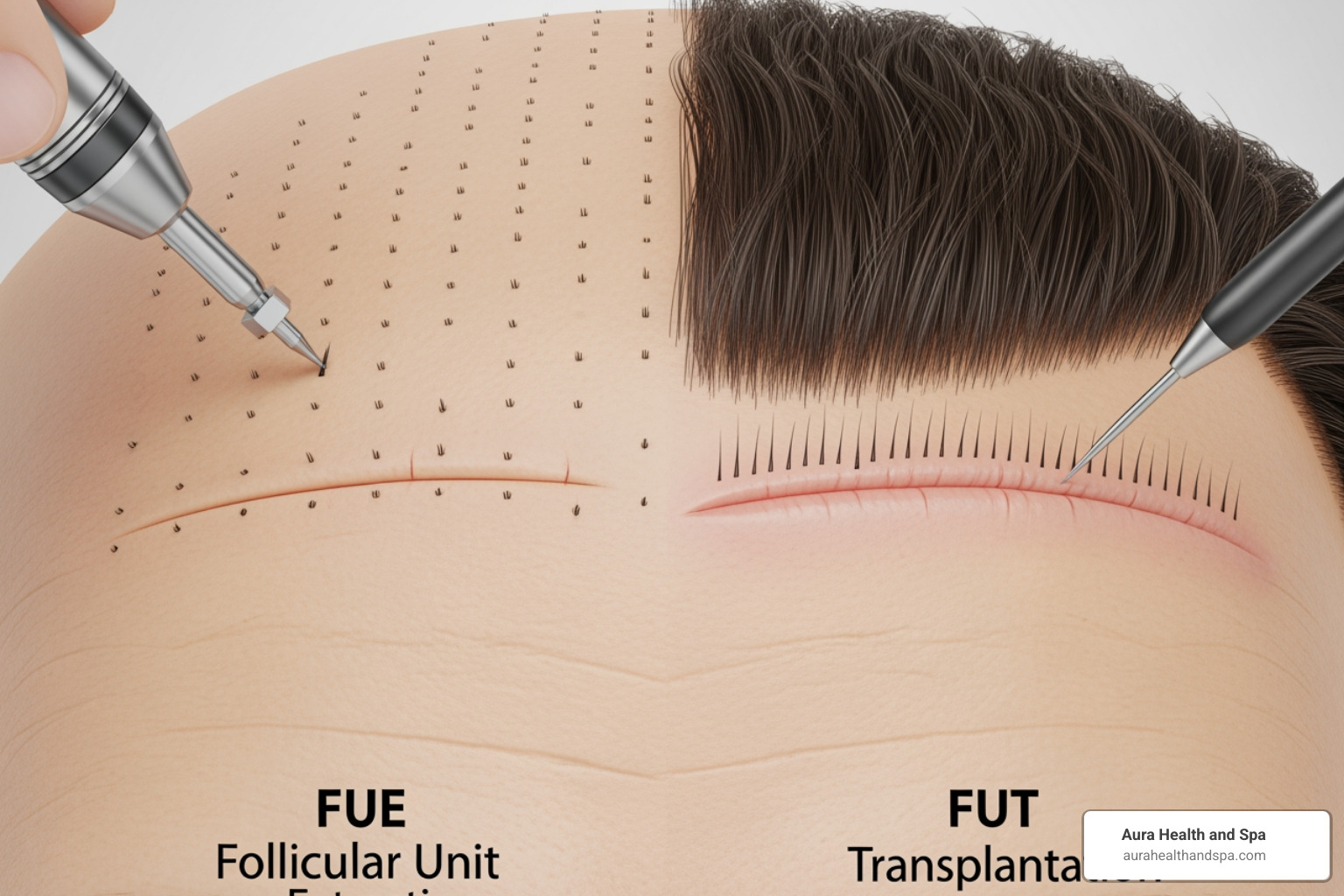 illustrating the difference between an FUE punch extraction and a FUT strip incision - FUE hair loss treatment
