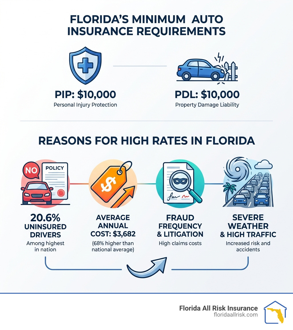 Infographic showing Florida's minimum auto insurance requirements with icons for PIP ($10,000) and PDL ($10,000), reasons for high rates including uninsured drivers, average cost ($3,682), fraud frequency, severe weather, and high traffic density - auto insurance companies in florida infographic 