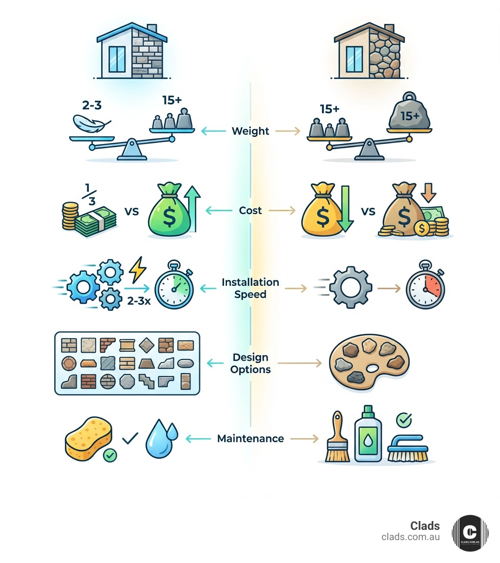 Infographic comparing artificial stone wall cladding vs natural stone: Weight (2-3 lbs vs 15+ lbs per sq ft), Cost (1/10th the price), Installation Speed (2-3x faster), Design Options (wide range of profiles and finishes), and Maintenance (minimal vs regular sealing required) - artificial stone wall cladding infographic Infographic comparing artificial stone wall cladding vs natural stone: Weight (2-3 lbs vs 15+ lbs per sq ft), Cost (1/10th the price), Installation Speed (2-3x faster), Design Options (wide range of profiles and finishes), and Maintenance (minimal vs regular sealing required) - artificial stone wall cladding infographic