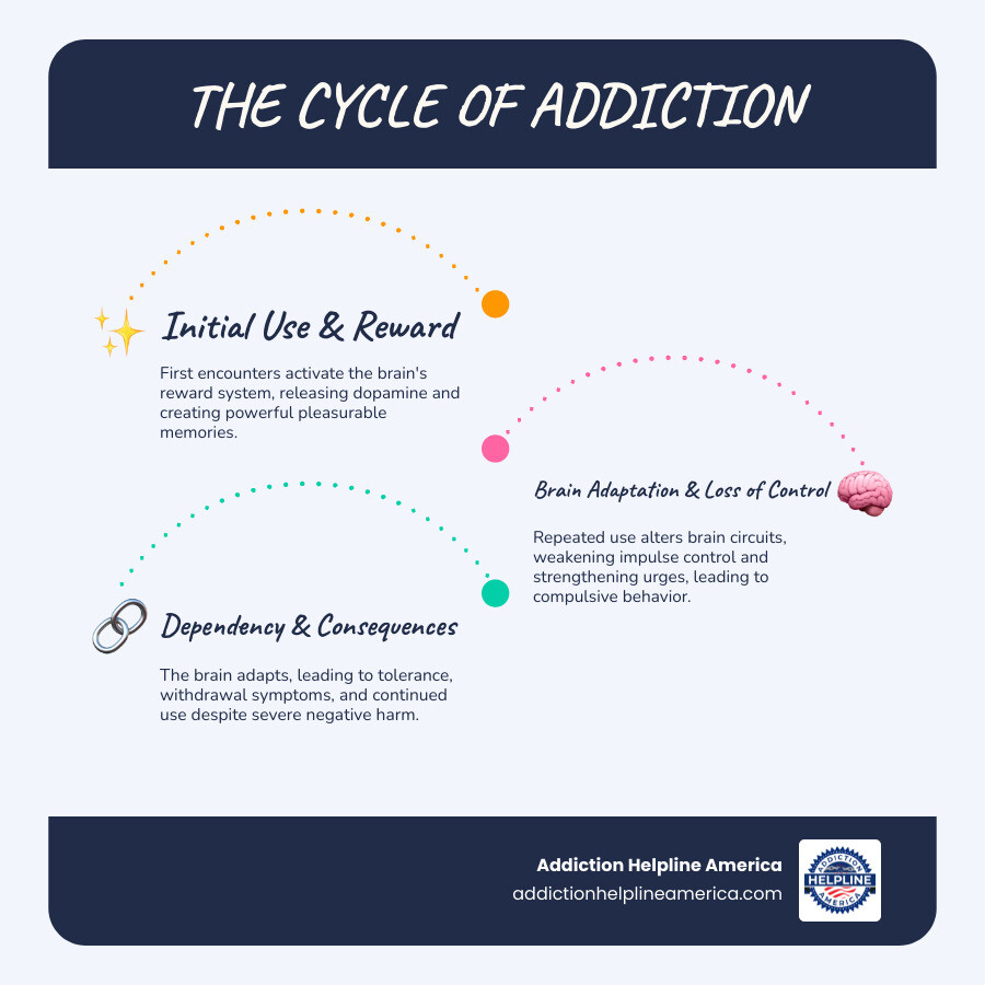 Infographic explaining the cycle of addiction from initial use to dependency - Definition of Addiction infographic infographic-line-3-steps-blues-accent_colors