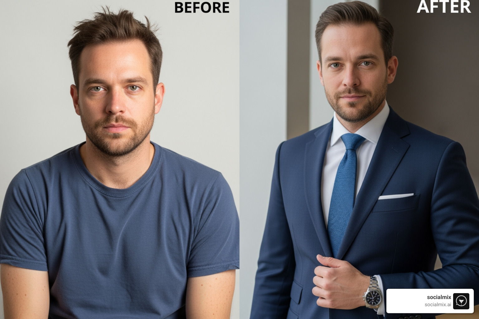 before-and-after photos showing a man's change in a suit - Sharp dressed men