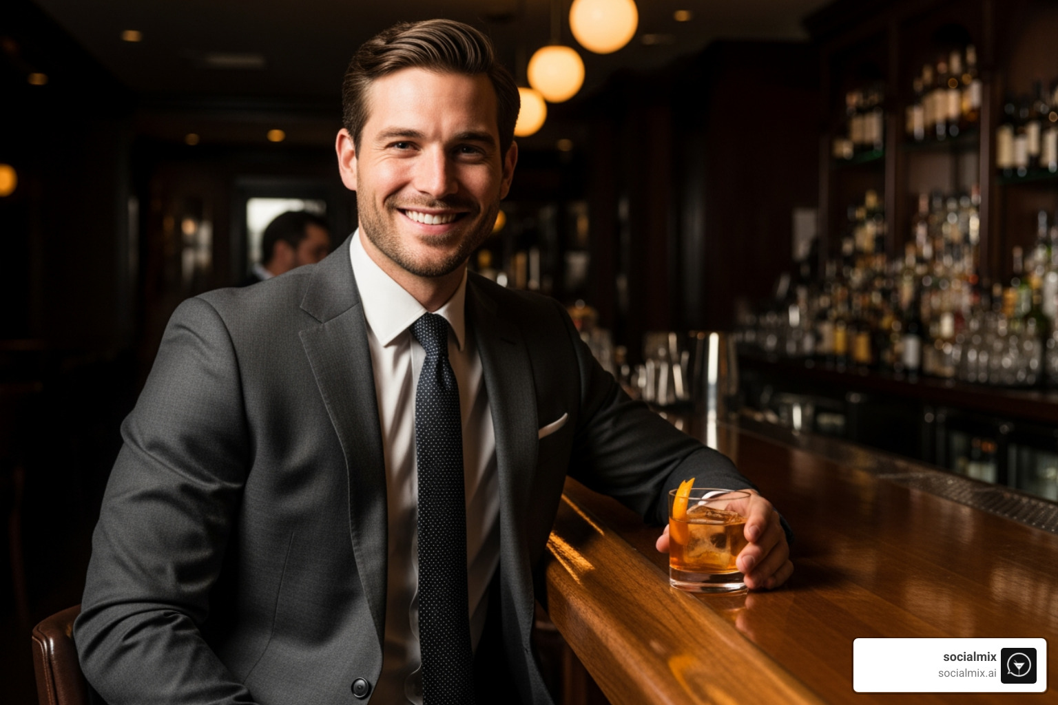 a well-dressed man smiling confidently at a bar, holding a classic cocktail - Sharp dressed men