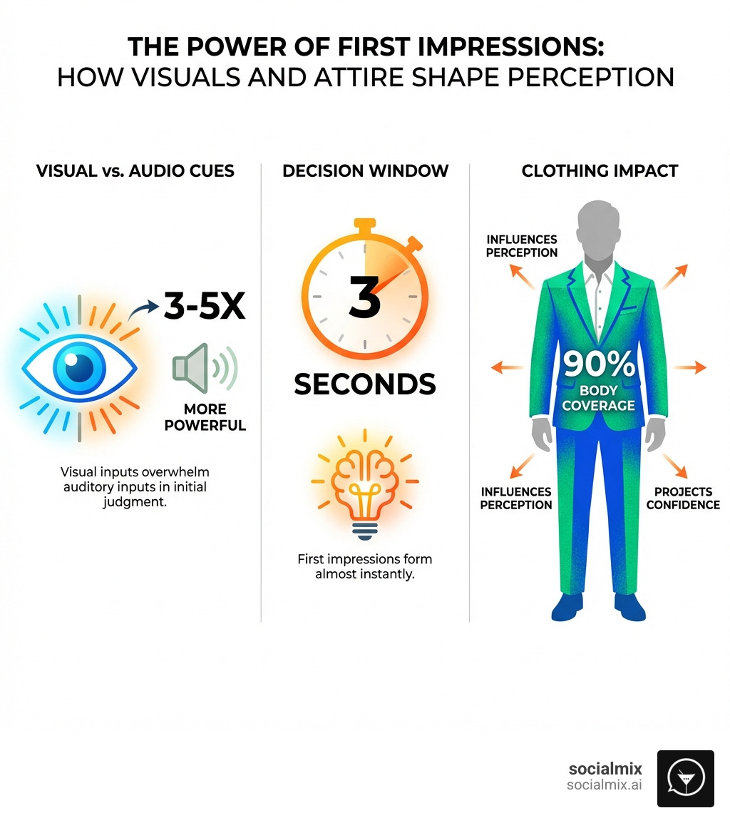 infographic showing the power of first impressions with statistics on visual cues being 3-5X more powerful than audio, 3-second decision making window, and 90% body coverage by clothing influencing perception - Sharp dressed men infographic 