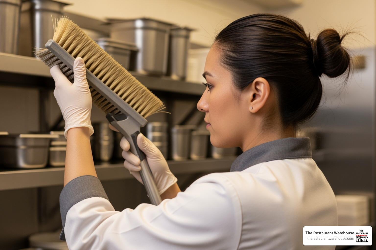 Staff member inspecting commercial-grade floor brush for durability - Restaurant cleaning tools