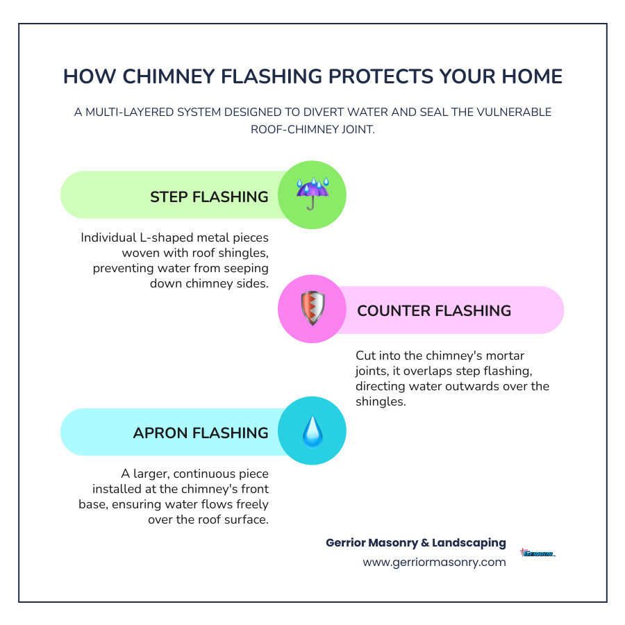 infographic explaining how the layers of chimney flashing work together to divert water from the roof-chimney joint - chimney flashing repair services infographic infographic-line-3-steps-colors infographic explaining how the layers of chimney flashing work together to divert water from the roof-chimney joint - chimney flashing repair services infographic infographic-line-3-steps-colors