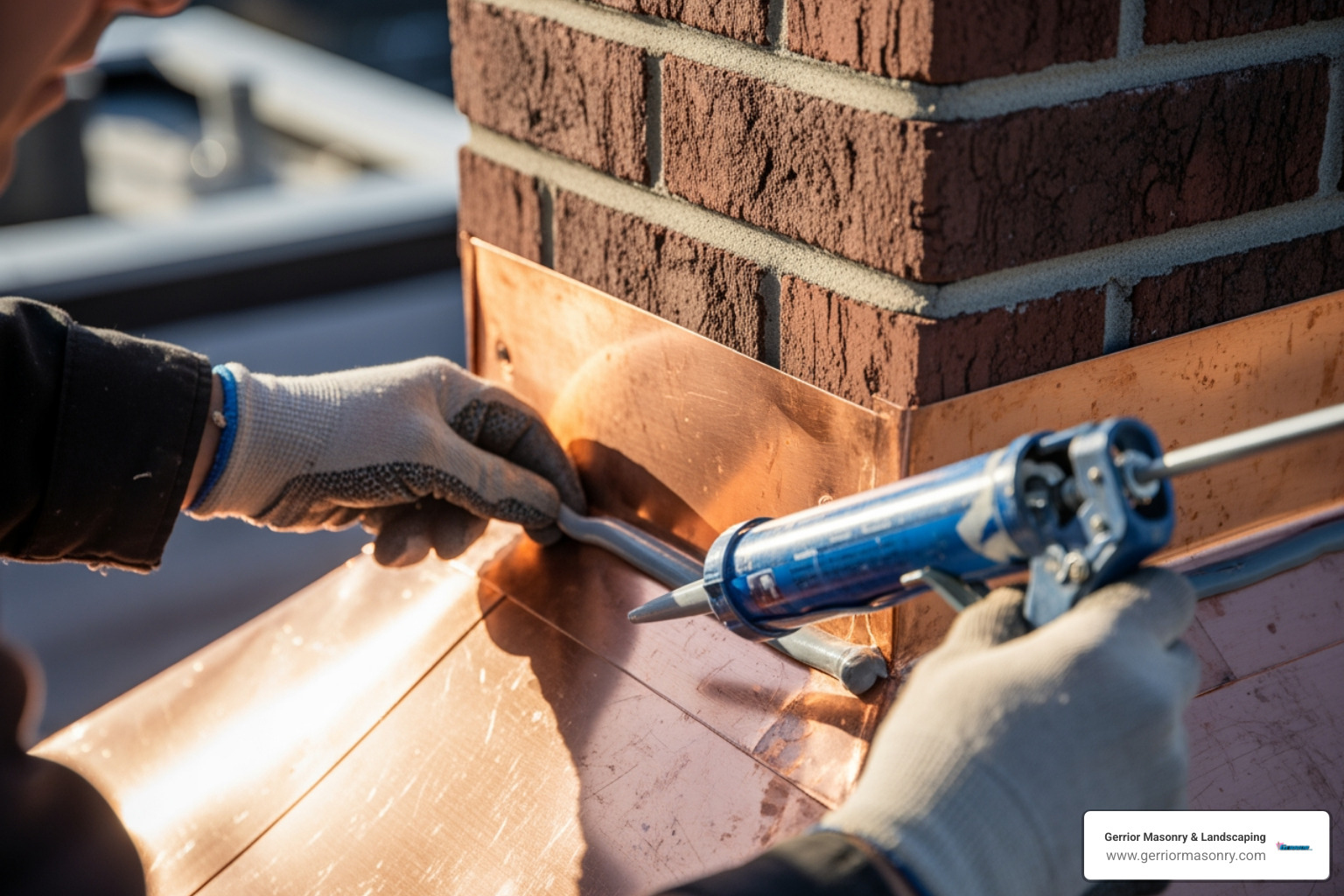 mason applying sealant to new copper flashing - chimney flashing repair services mason applying sealant to new copper flashing - chimney flashing repair services