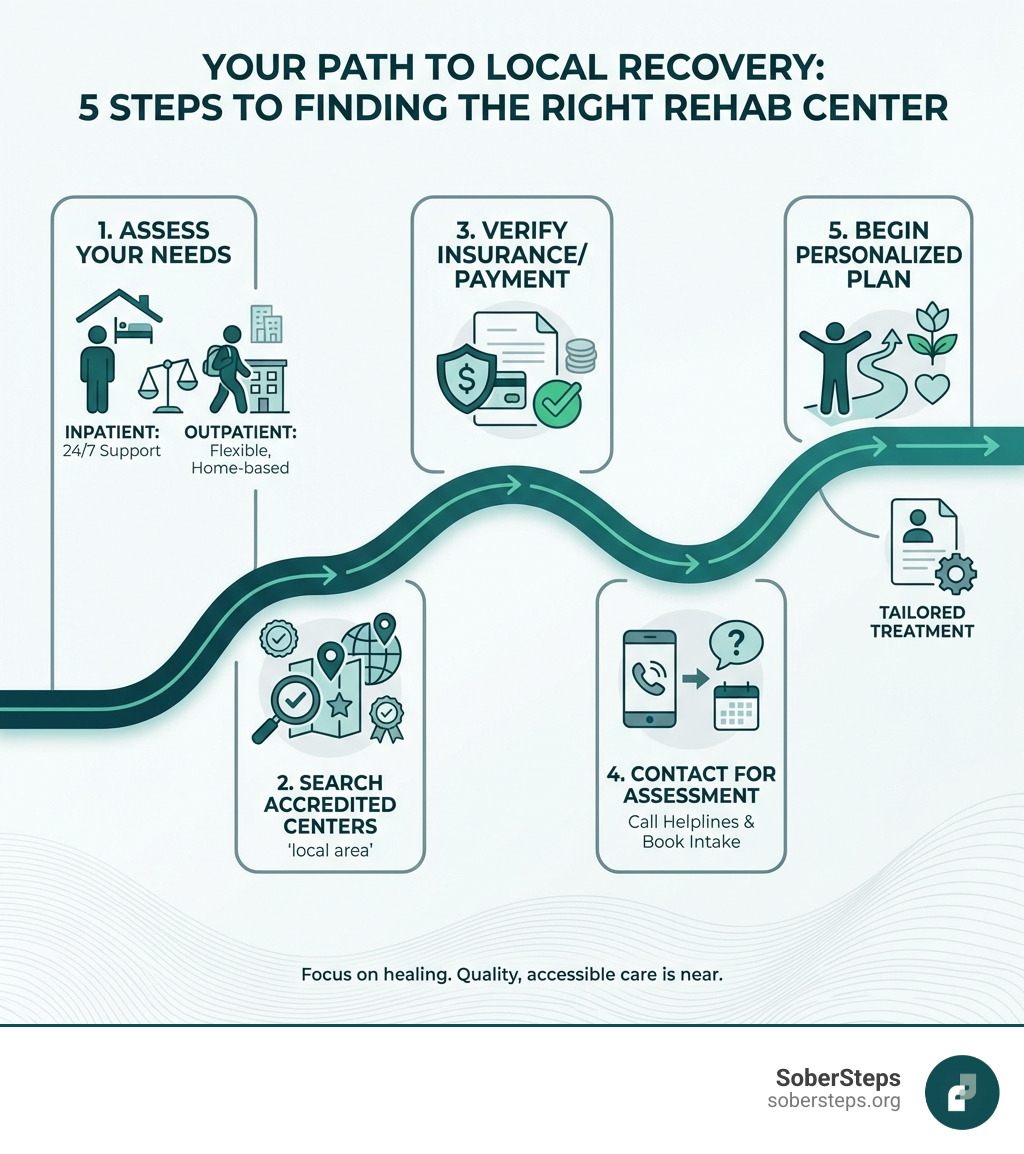 infographic showing the step-by-step process to find a local rehab center: 1. Assess your needs (inpatient vs outpatient), 2. Search for accredited centers in your area, 3. Verify insurance or payment options, 4. Contact centers for assessment, 5. Begin your personalized treatment plan - rehab addiction centers near me infographic 