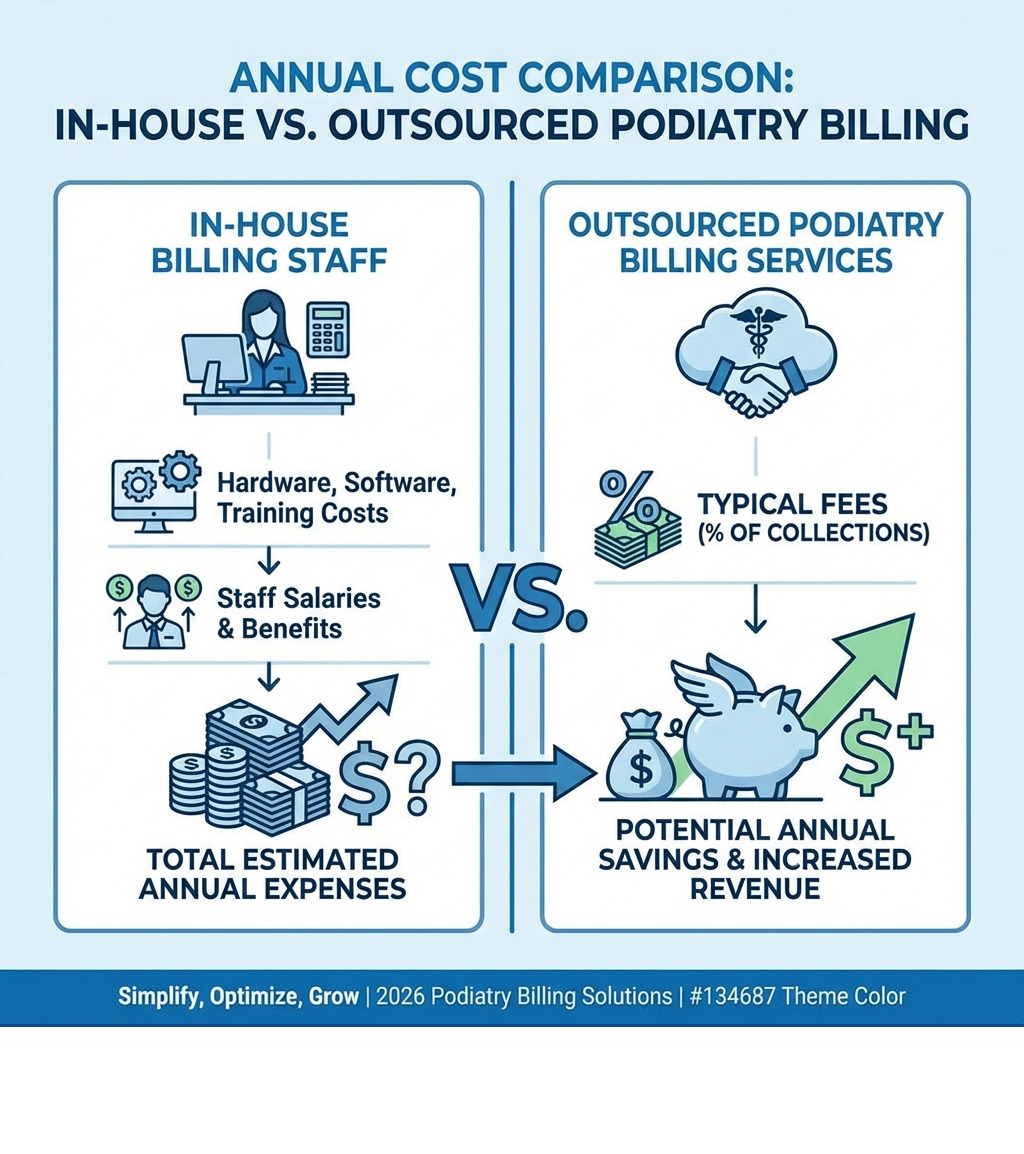 infographic comparing annual costs of in-house billing staff versus outsourced podiatry billing services, showing hardware/software/training costs, staff salaries, total in-house expenses, typical outsourcing fees as percentage of collections, and potential annual savings - podiatry billing companies infographic 