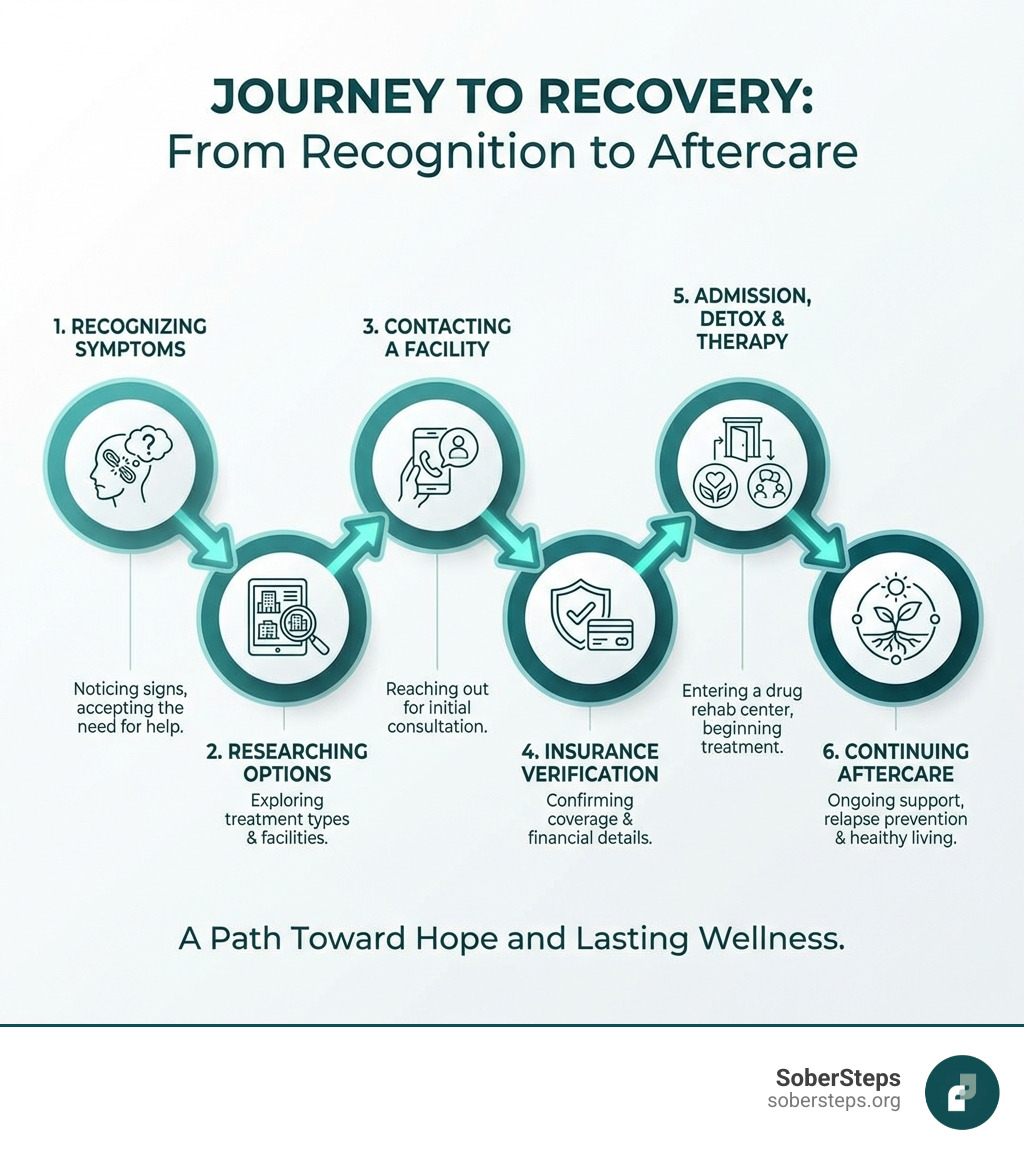 Infographic showing the journey from recognizing substance use disorder symptoms through researching treatment options, contacting a facility, insurance verification, admission to a drug rehab center, beginning detox and therapy, and continuing aftercare support - drug rehab centers infographic Infographic showing the journey from recognizing substance use disorder symptoms through researching treatment options, contacting a facility, insurance verification, admission to a drug rehab center, beginning detox and therapy, and continuing aftercare support - drug rehab centers infographic
