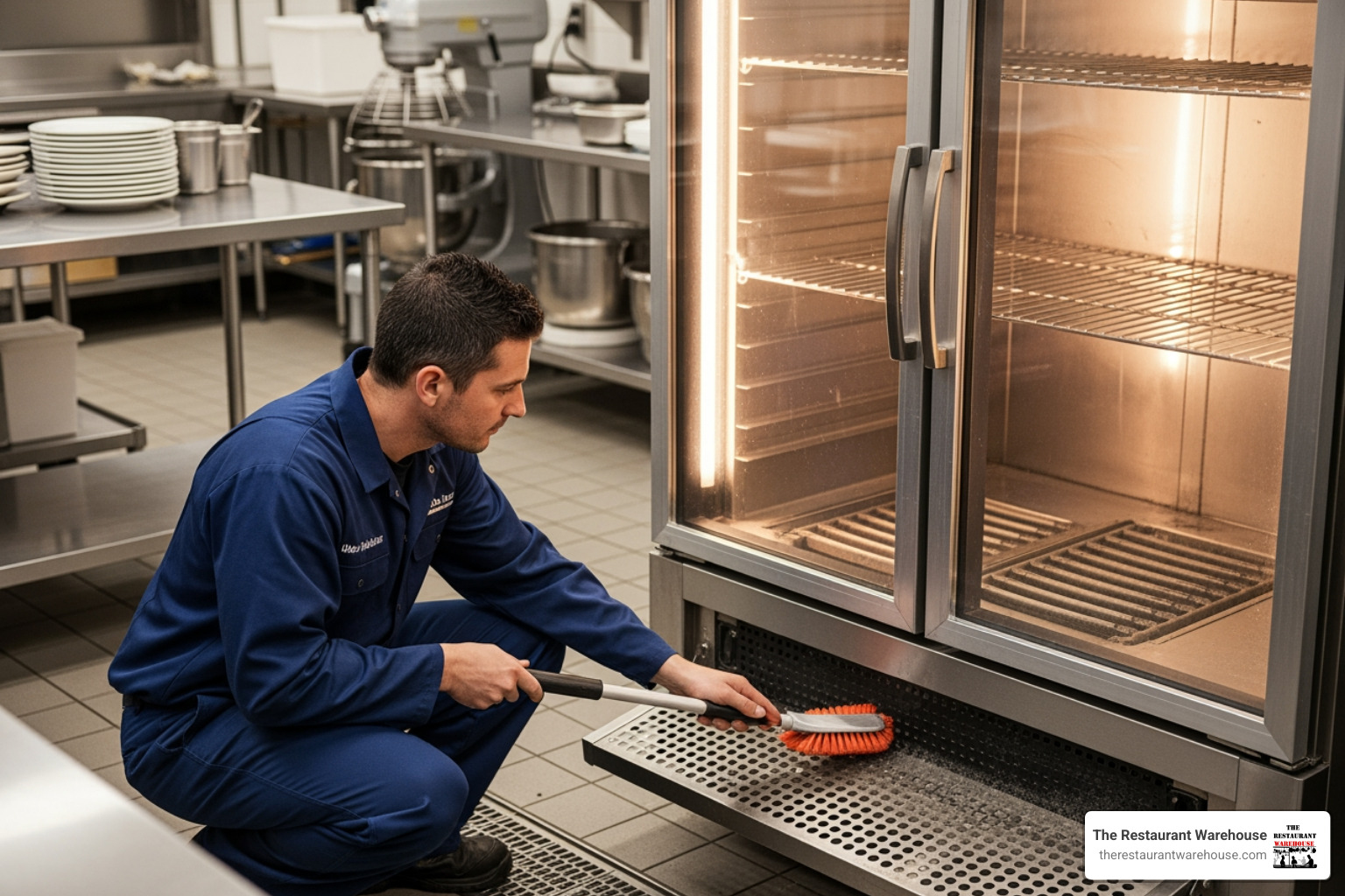 technician cleaning coils on bottom-mount freezer unit - freezer reach in