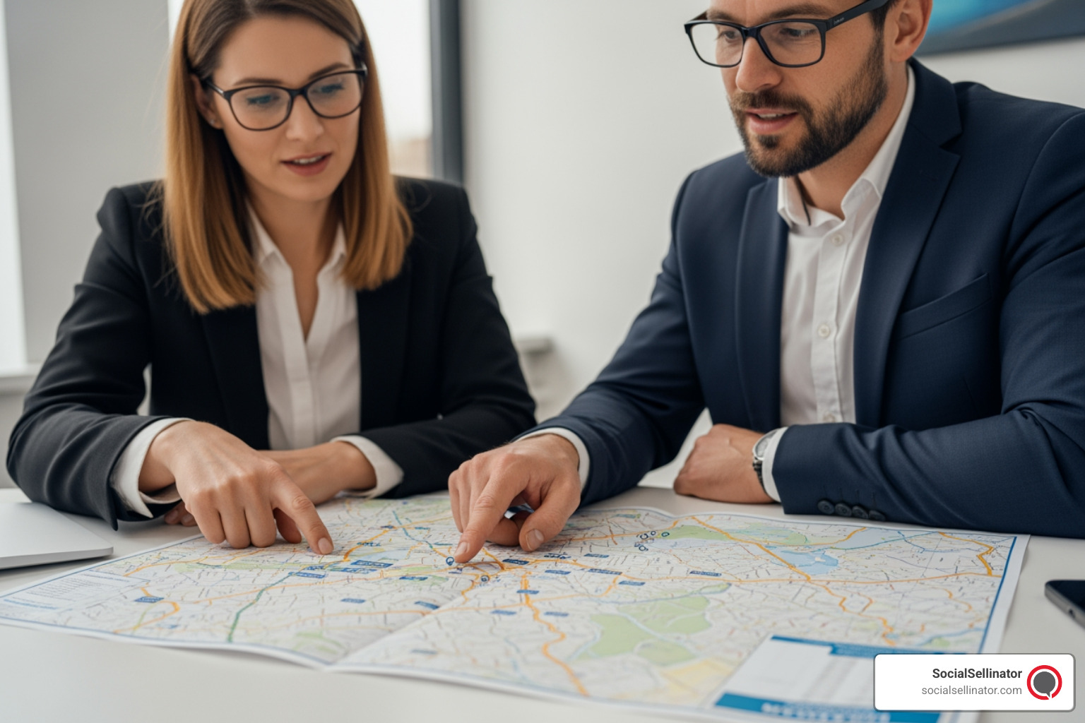 business owner collaborating with a marketing expert over a map - local marketing agencies