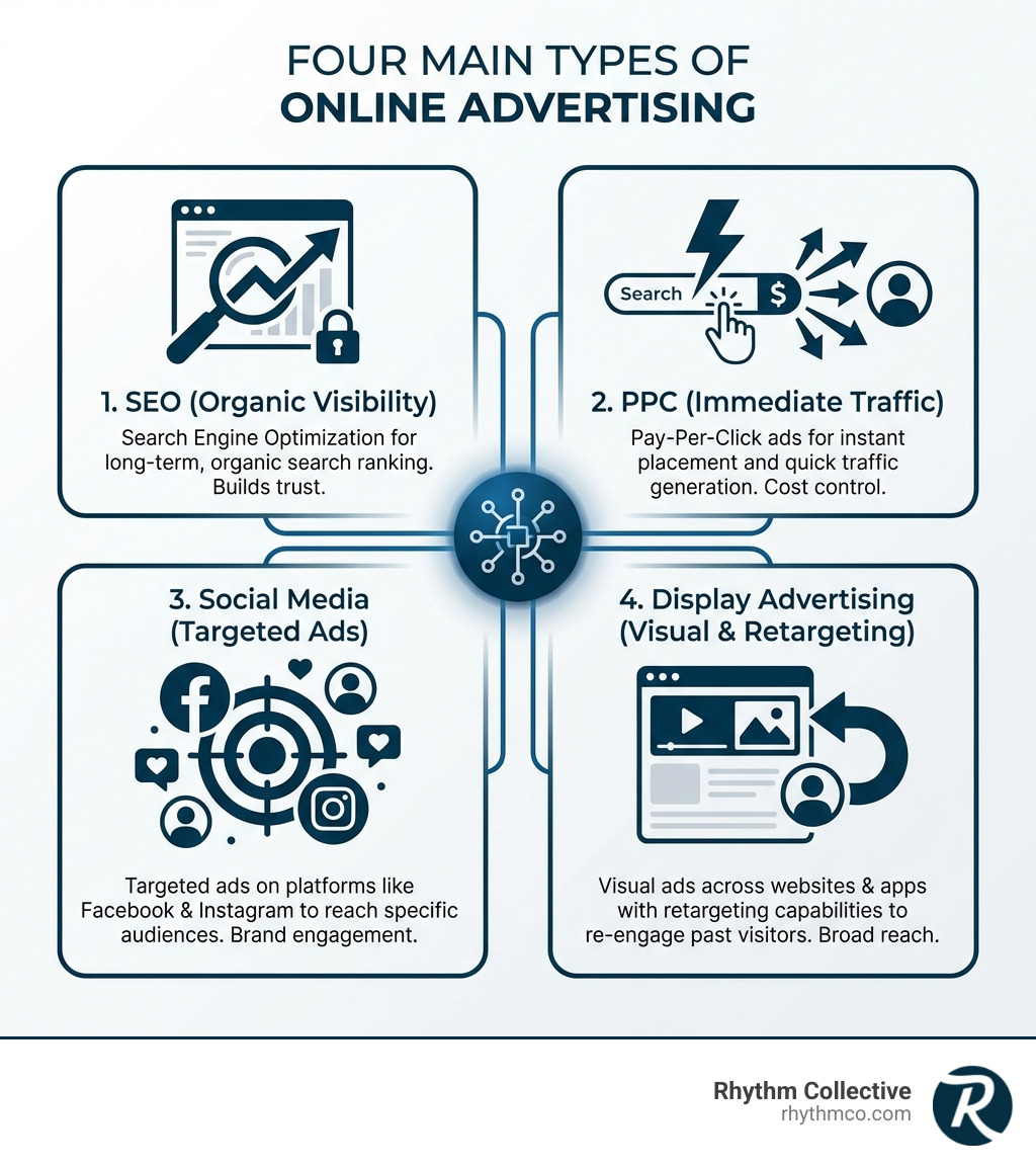 Infographic showing the four main types of online advertising: SEO (search engine optimization for organic visibility), PPC (pay-per-click ads for immediate traffic), Social Media (targeted ads on platforms like Facebook and Instagram), and Display Advertising (visual ads across websites and apps with retargeting capabilities) - online advertising Knoxville infographic 