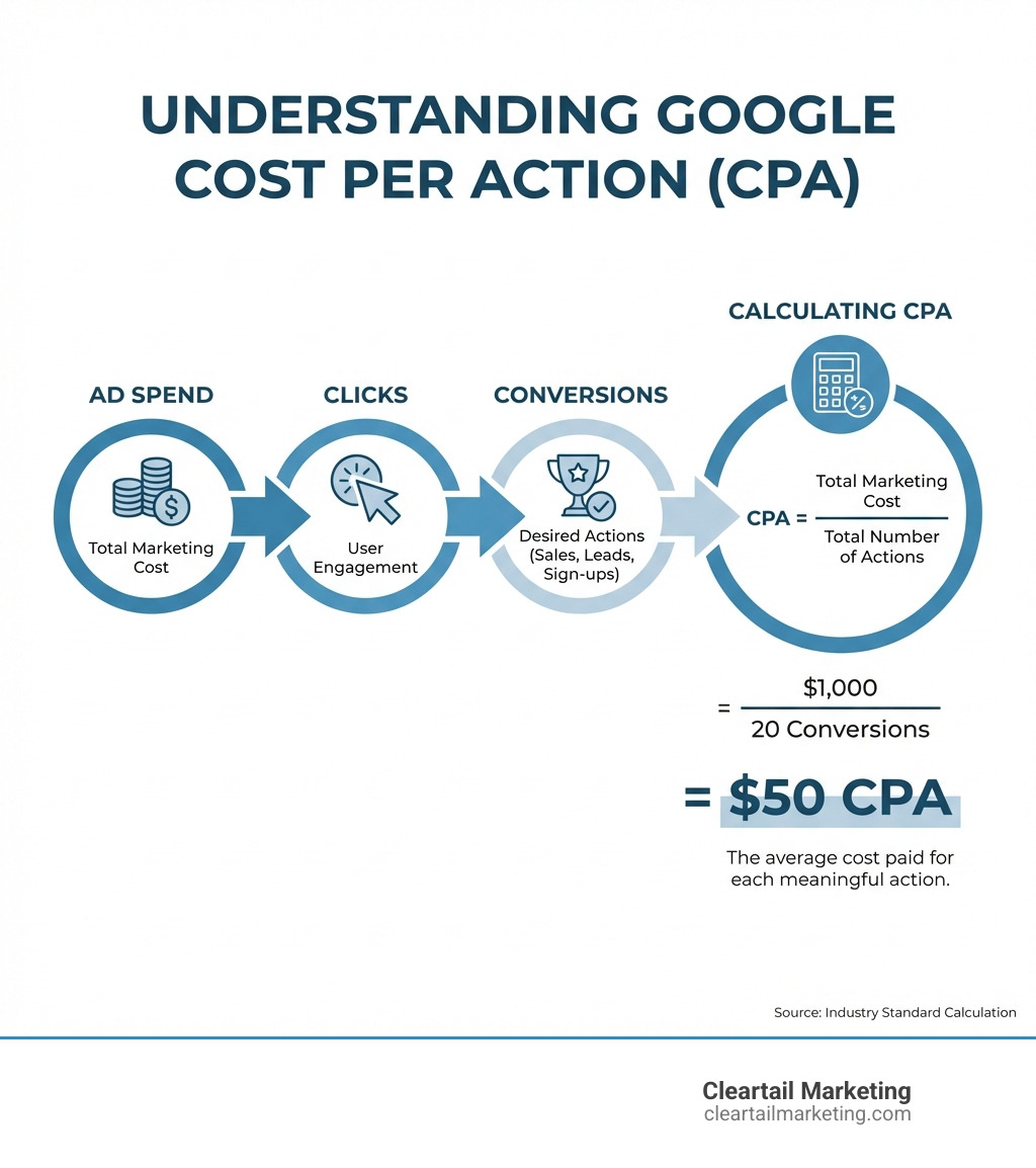Infographic showing the flow from ad spend through clicks and conversions to calculating CPA using the formula CPA equals total marketing cost divided by total number of actions, with example numbers showing one thousand dollars spent divided by twenty conversions equals fifty dollars CPA - google cost per action infographic 
