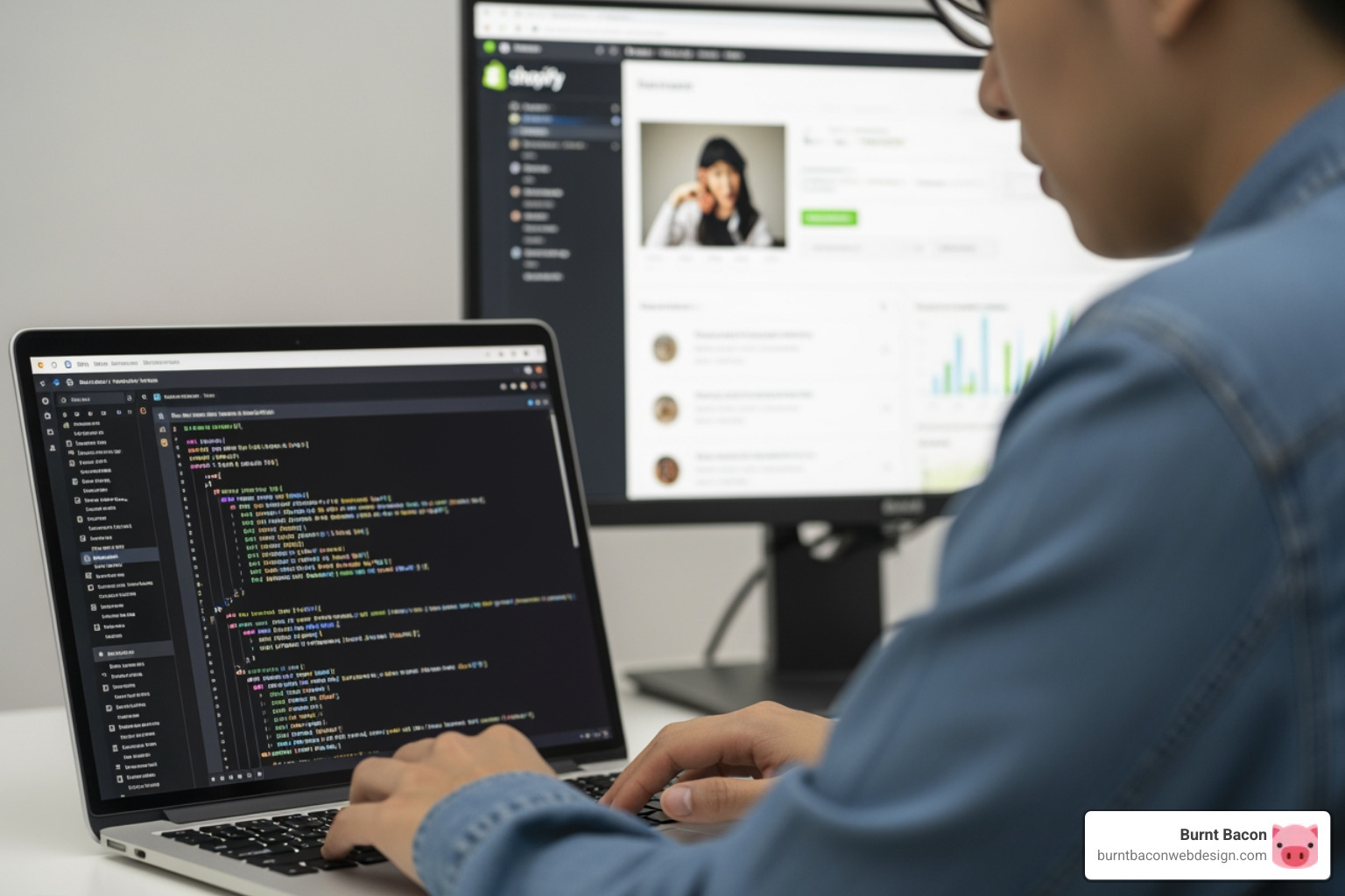 developer working on code with a Shopify store in the background - Local Shopify development