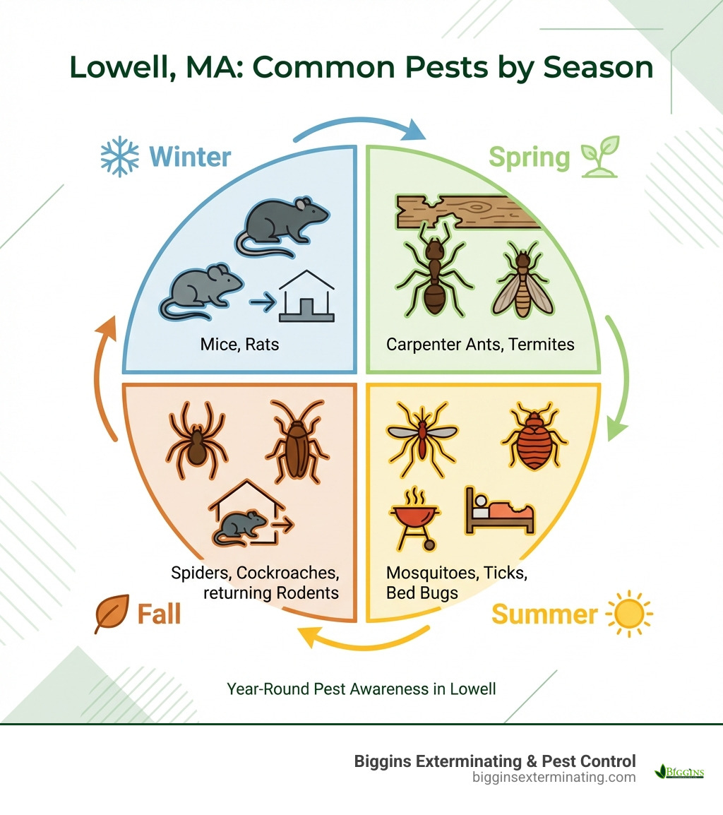 Infographic showing the 5 most common pests in Lowell MA by season: Winter (Mice, Rats), Spring (Carpenter Ants, Termites), Summer (Mosquitoes, Ticks, Bed Bugs), Fall (Spiders, Cockroaches, returning Rodents) - Pest Control Lowell MA infographic 