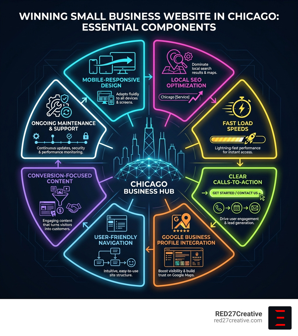 Infographic showing the essential components of a winning small business website in Chicago: mobile-responsive design, local SEO optimization, fast load speeds, clear calls-to-action, Google Business Profile integration, user-friendly navigation, conversion-focused content, and ongoing maintenance and support - small business website Chicago infographic Infographic showing the essential components of a winning small business website in Chicago: mobile-responsive design, local SEO optimization, fast load speeds, clear calls-to-action, Google Business Profile integration, user-friendly navigation, conversion-focused content, and ongoing maintenance and support - small business website Chicago infographic