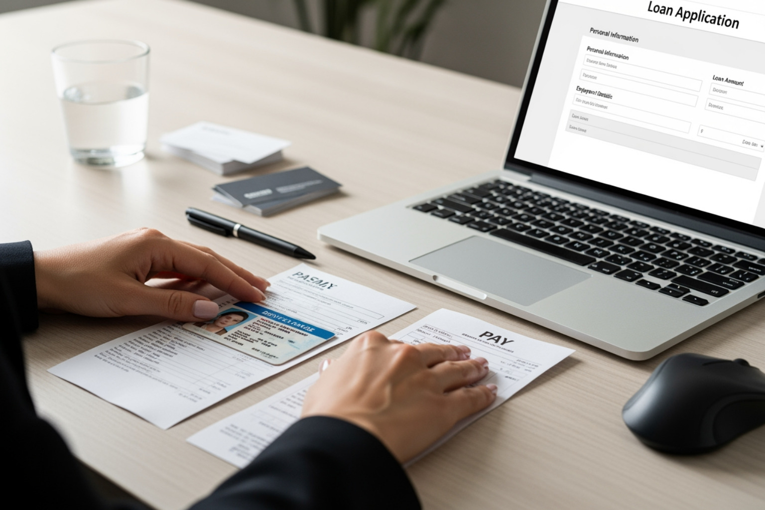A person gathering documents like an ID and pay stub for a loan application - Fast personal loan approval A person gathering documents like an ID and pay stub for a loan application - Fast personal loan approval