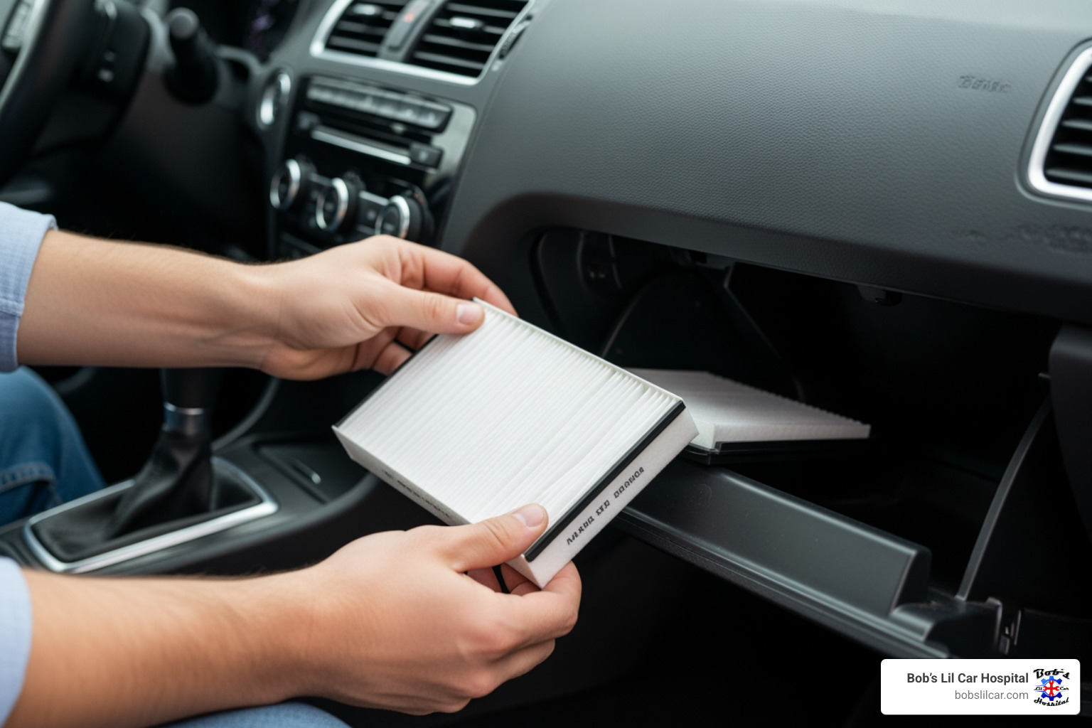 person replacing a cabin air filter - AC repair Longview WA