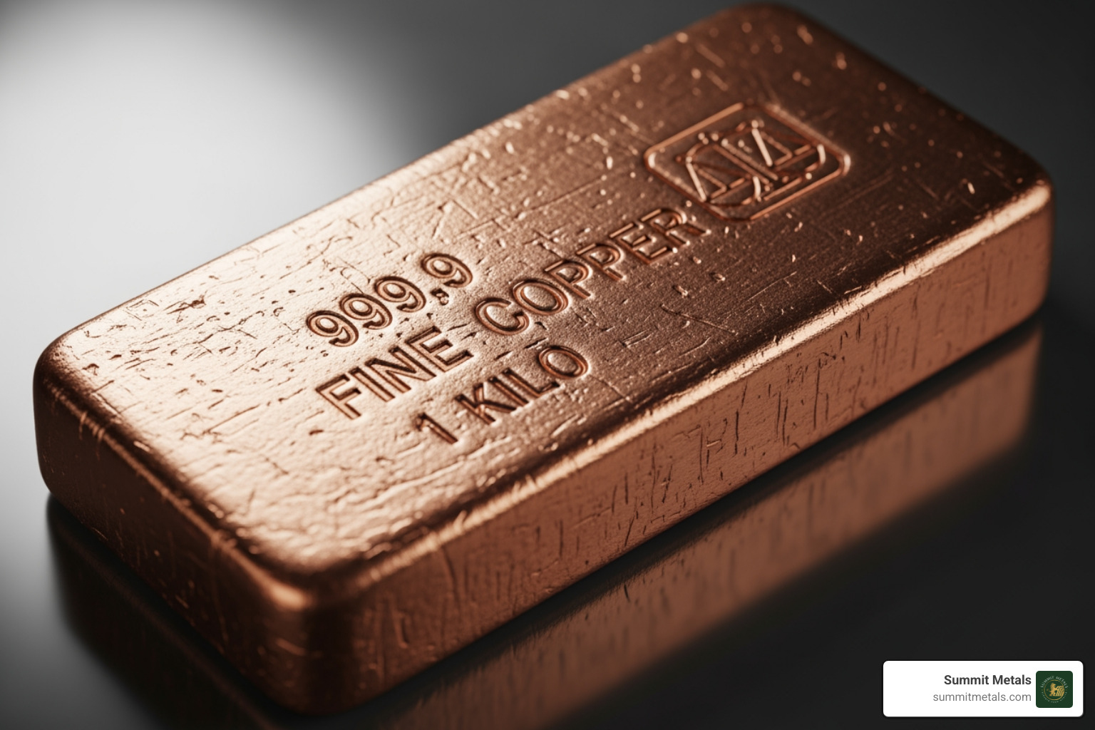 A close-up image of a copper bar clearly stamped with ".999 Fine Copper" and its weight - 999 fine copper bars