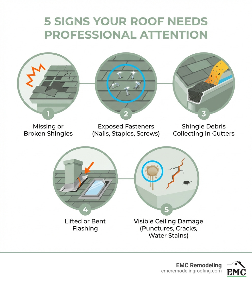 Infographic showing 5 key signs your roof needs professional attention: 1) Missing or broken shingles, 2) Exposed nails, staples, or screws, 3) Shingle debris collecting in gutters, 4) Lifted or bent flashing around chimneys and skylights, 5) Visible punctures, cracks, or water stains on ceilings - killeen roofing contractors infographic 