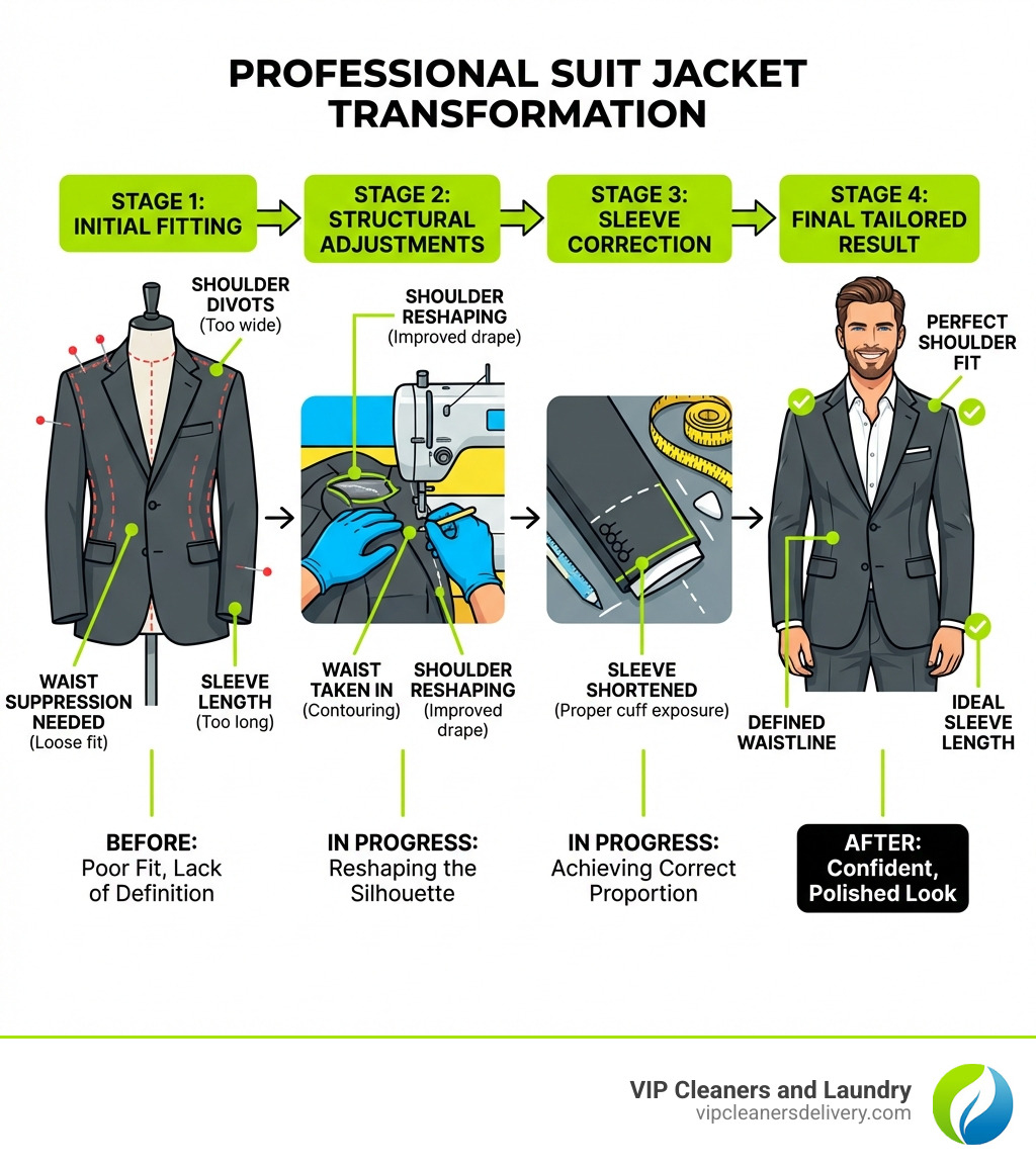 Infographic showing the transformation of an ill-fitting suit jacket through professional tailoring stages: initial fitting with pins, adjustments being made at the waist and shoulders, sleeve length being corrected, and final perfectly tailored result with confident customer, all labeled with common alteration points - san diego tailors infographic 